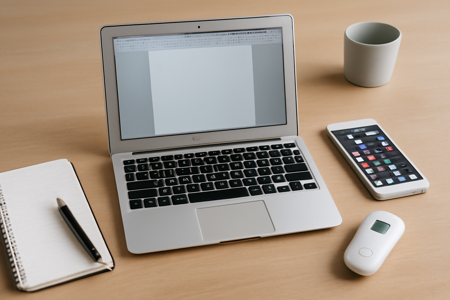 A retro 2016 MacBook Air and iPhone with a home button sit on a cluttered desk beside a small blood-testing device