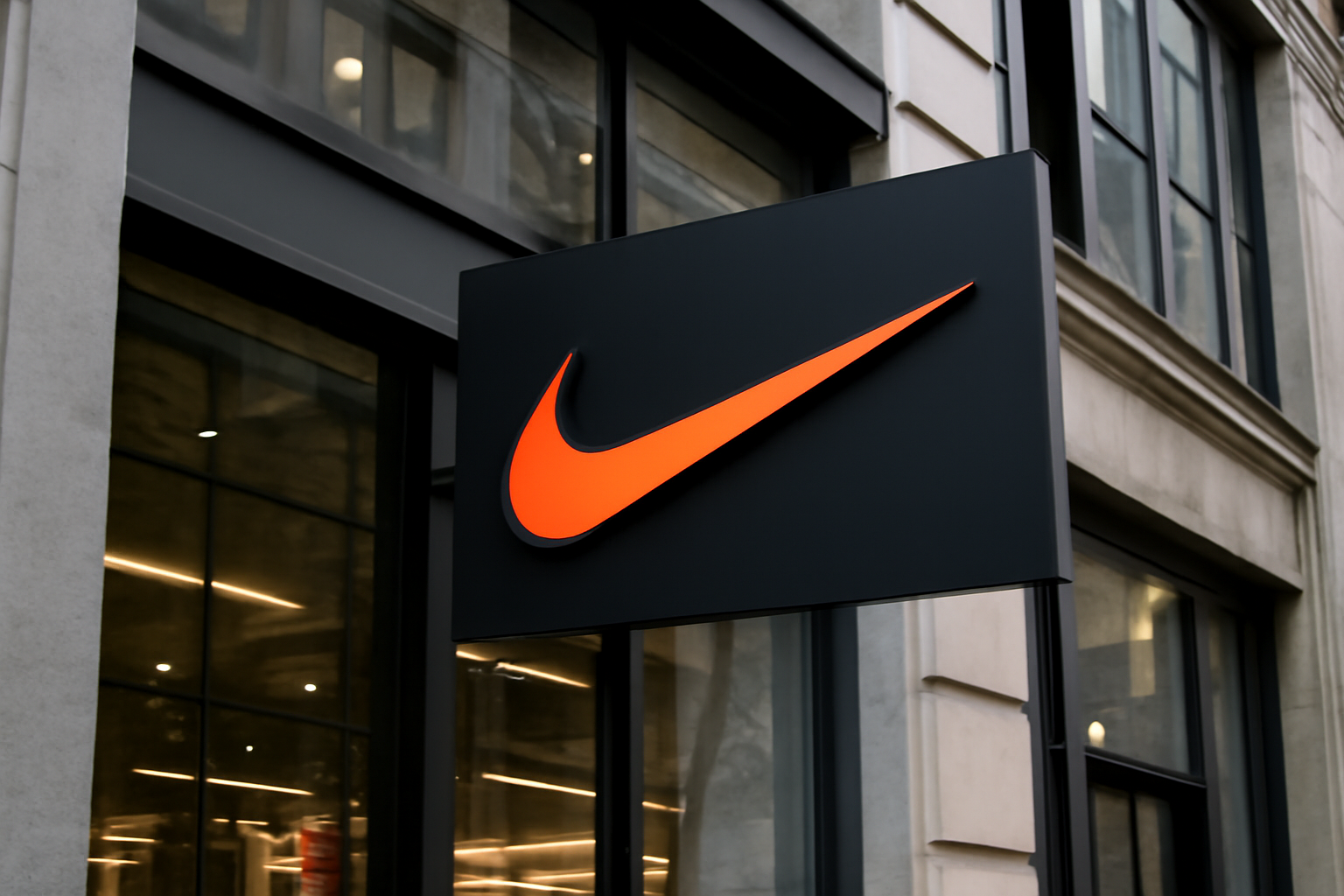 Nike swoosh logo on a storefront with a declining stock chart overlay