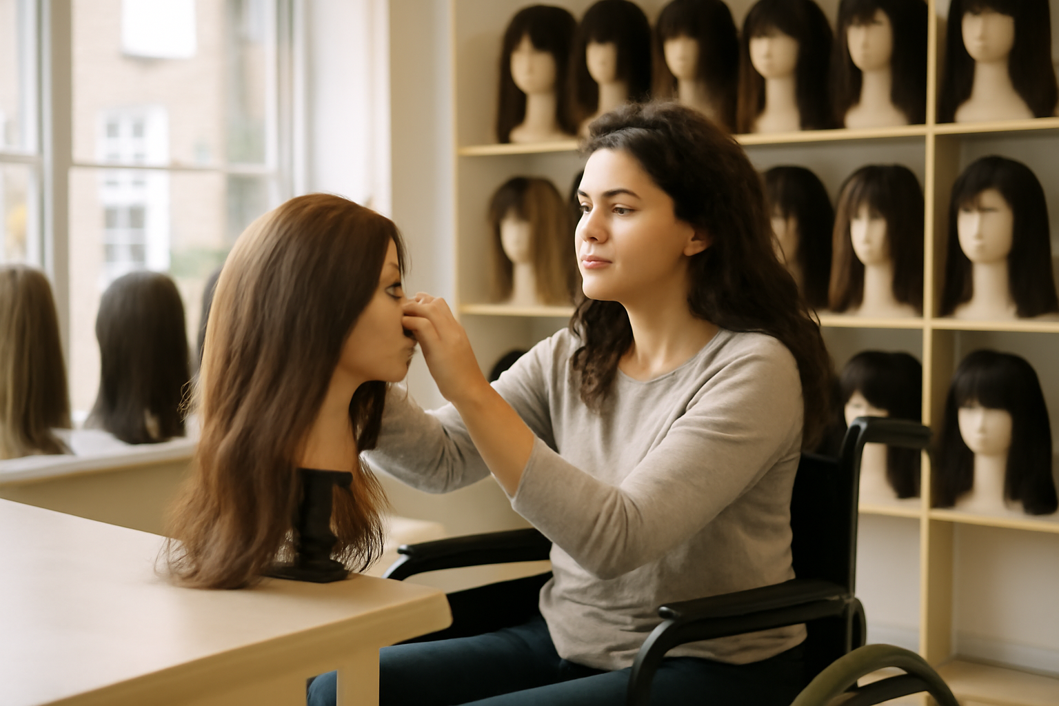A woman in a wheelchair arranges natural-looking wigs on mannequin heads in a salon