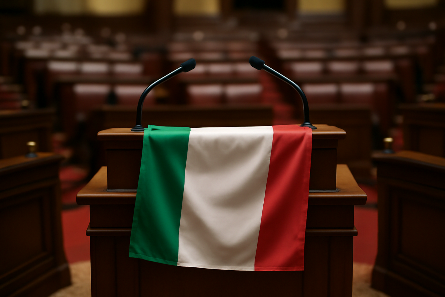 Empty wooden lectern with the Italian flag in a formal government chamber
