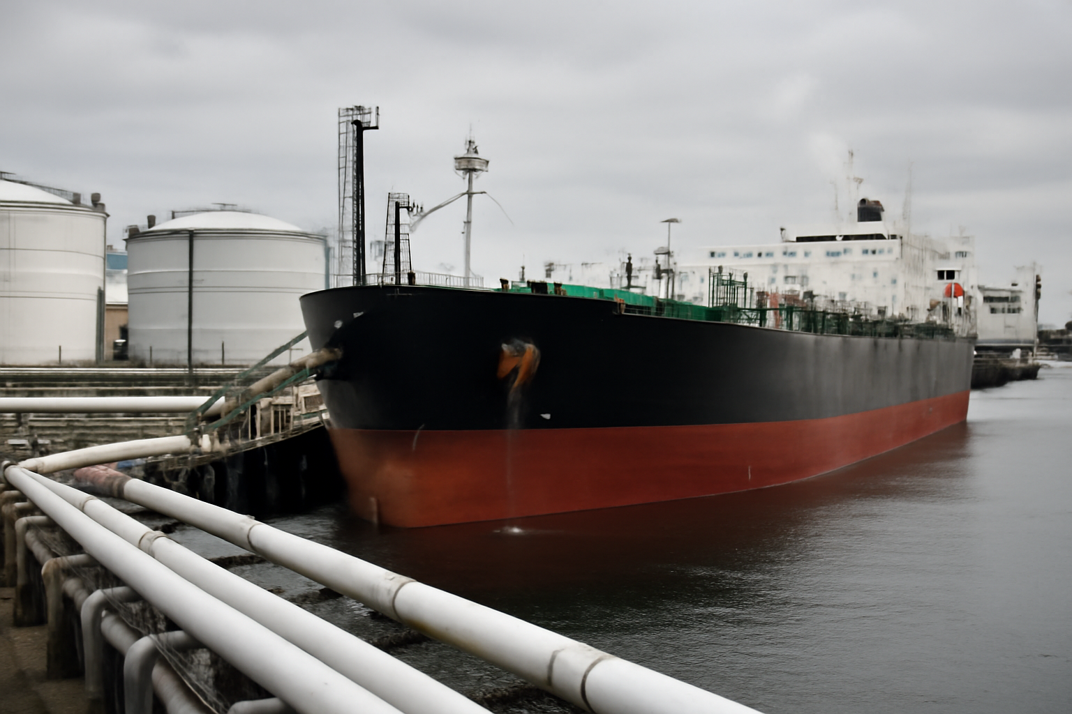 Tanker ship loading diesel fuel at an industrial port terminal under overcast sky