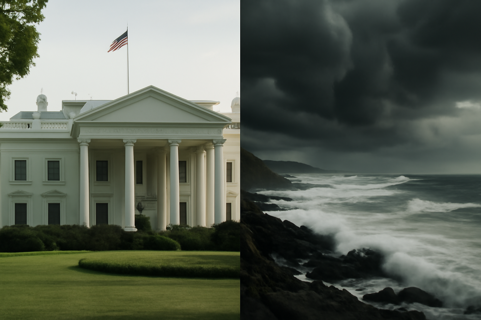 Split-screen news graphic showing a White House exterior shot beside storm clouds over a coastal shoreline