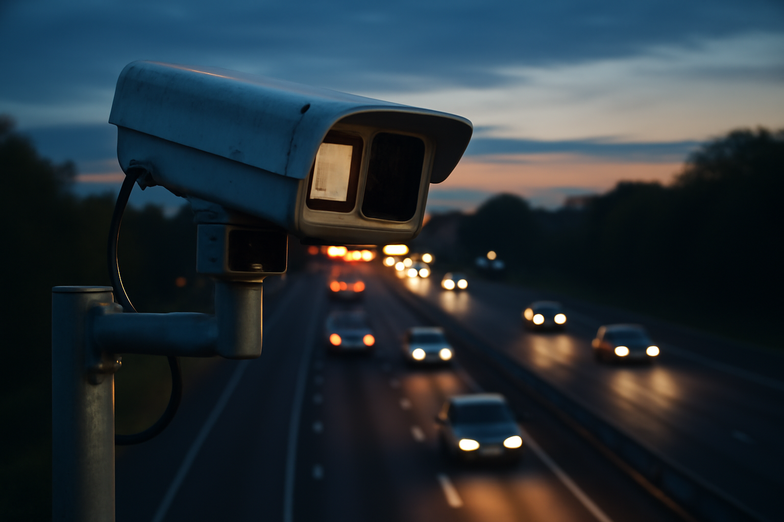 A license plate reader camera mounted on a pole above a highway at dusk
