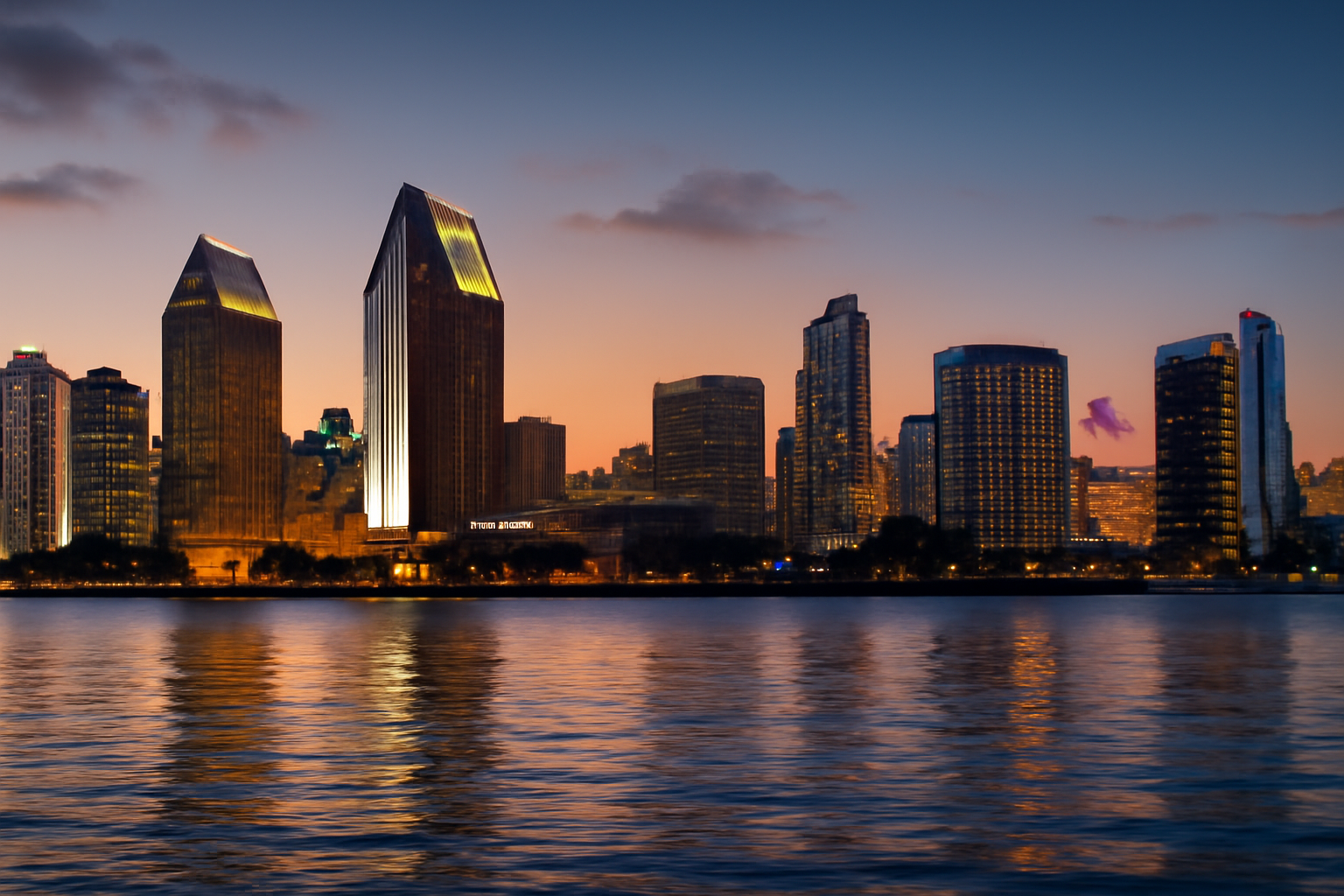 Exterior view of the San Diego skyline with American flags visible along the waterfront