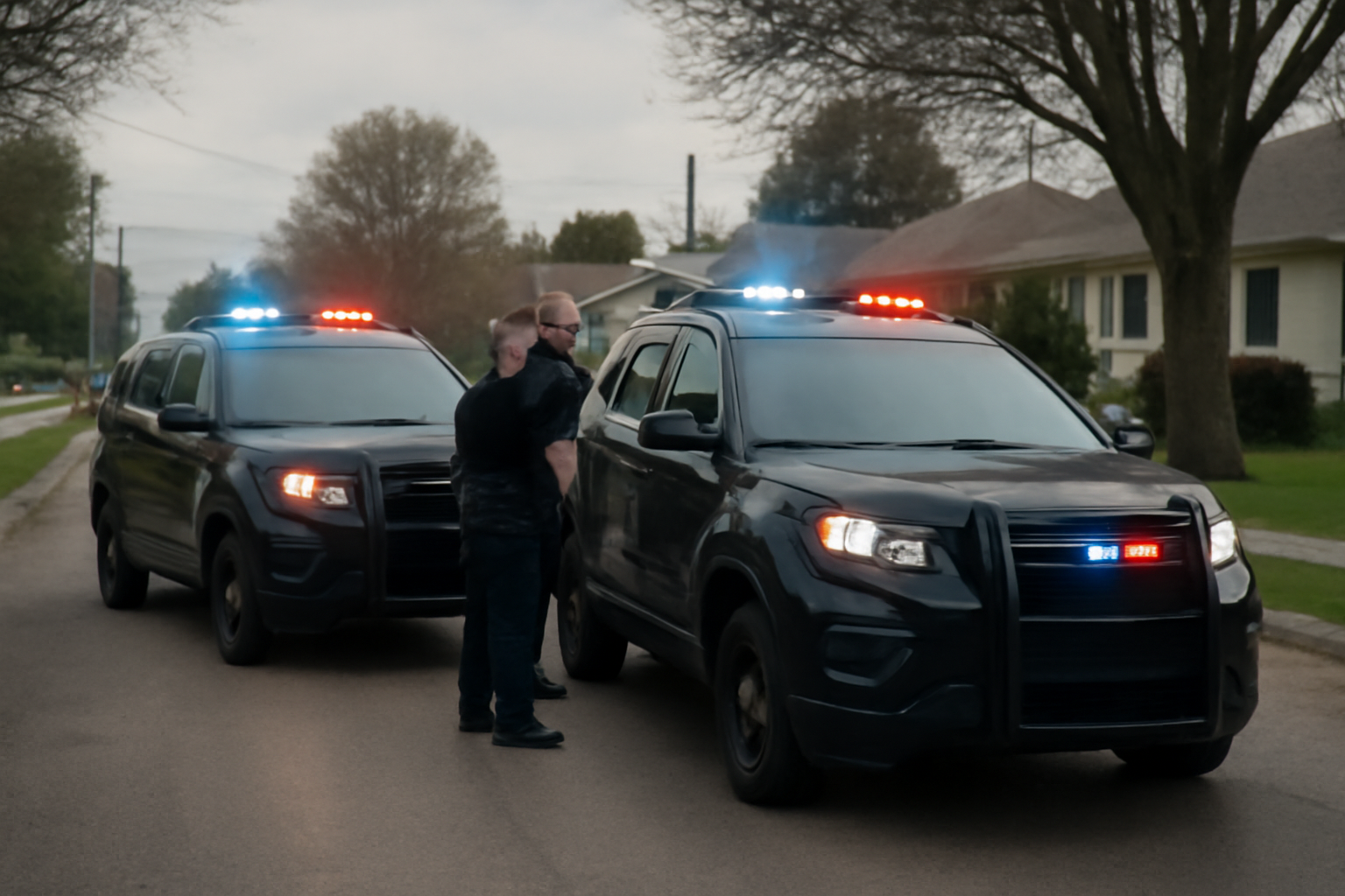 Police vehicles with flashing lights parked on a suburban Evanston street during a morning investigation