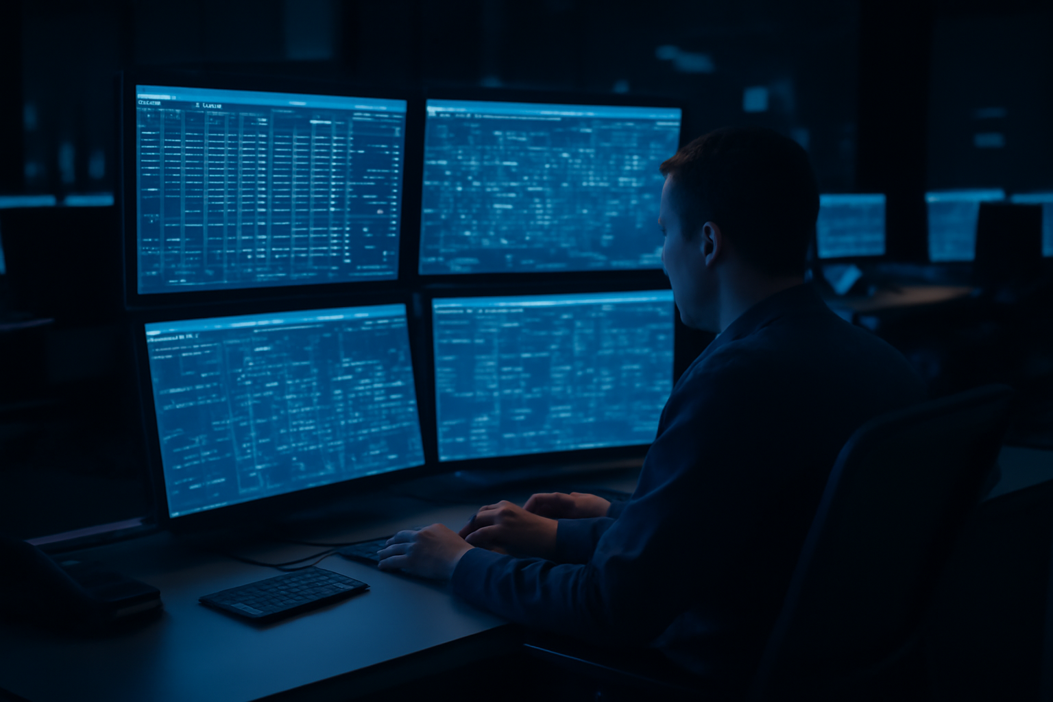 A power grid control room operator monitoring multiple screens showing energy system data at night
