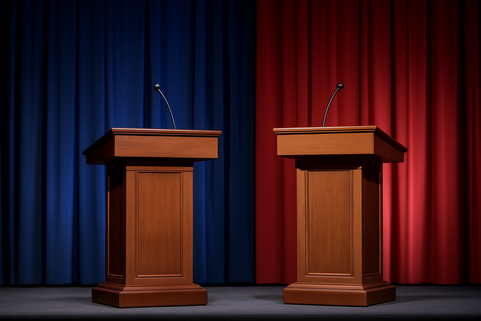 Two debate podiums on a stage inside a South Carolina public television studio, each with a name placard and microphone