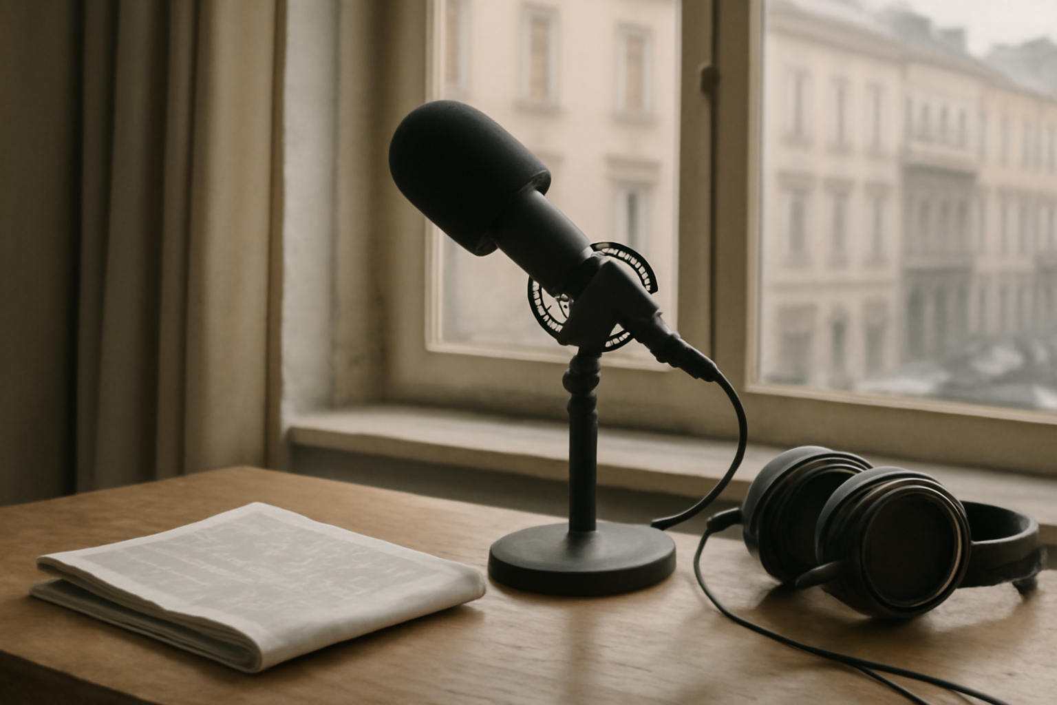 A radio microphone on a desk beside a folded newspaper with a blurred French street scene visible through a window behind it