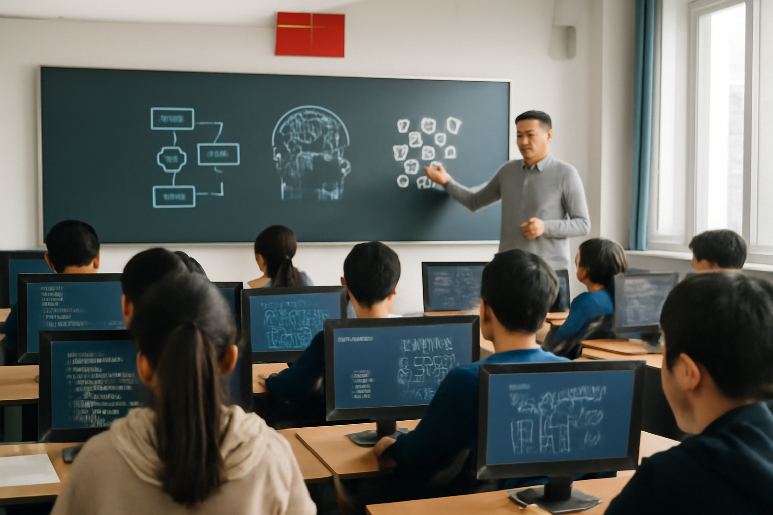 Rows of students at classroom computers with a world map showing China highlighted behind them