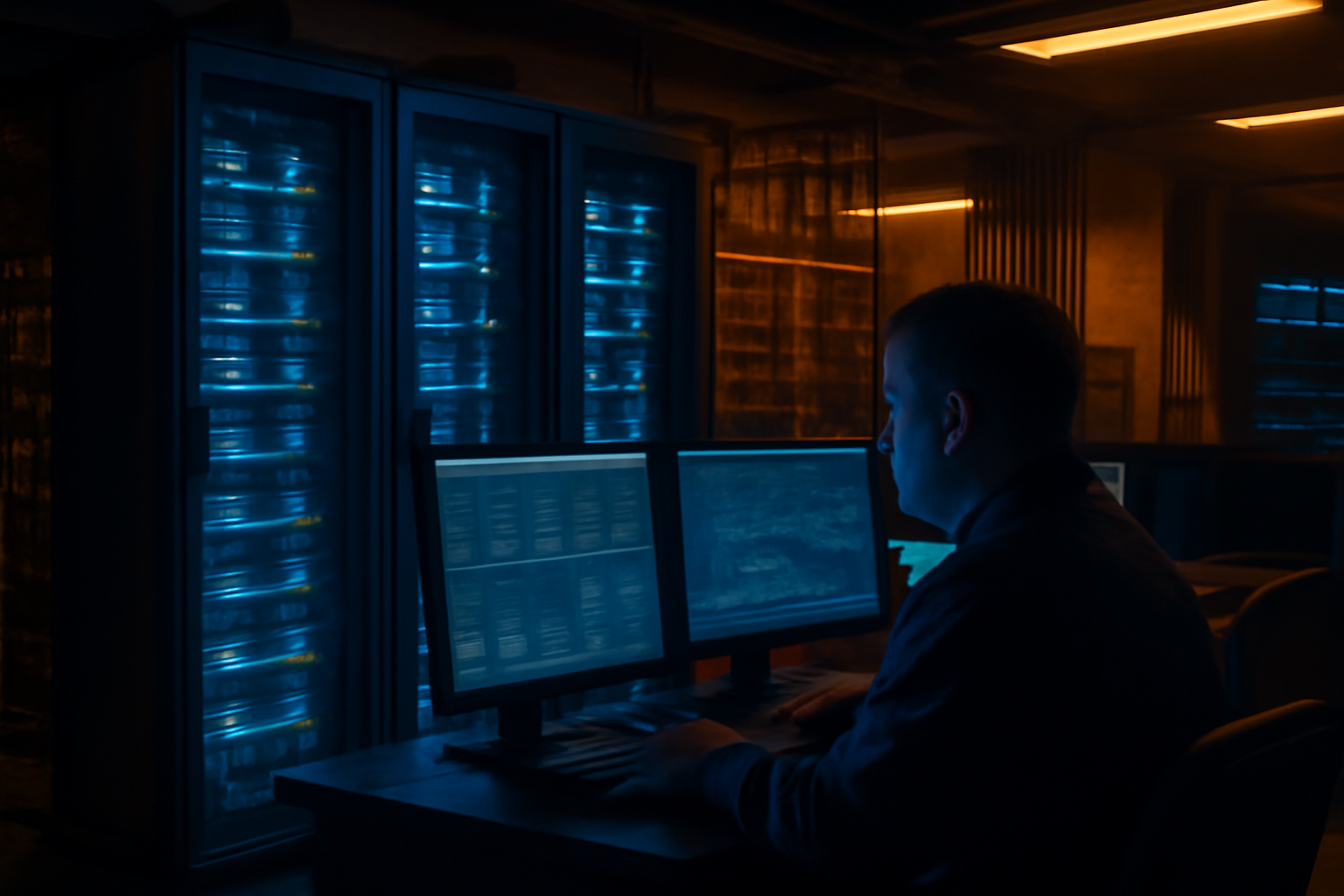 Telecommunications technician monitoring server racks that have replaced older copper switching equipment in a central office