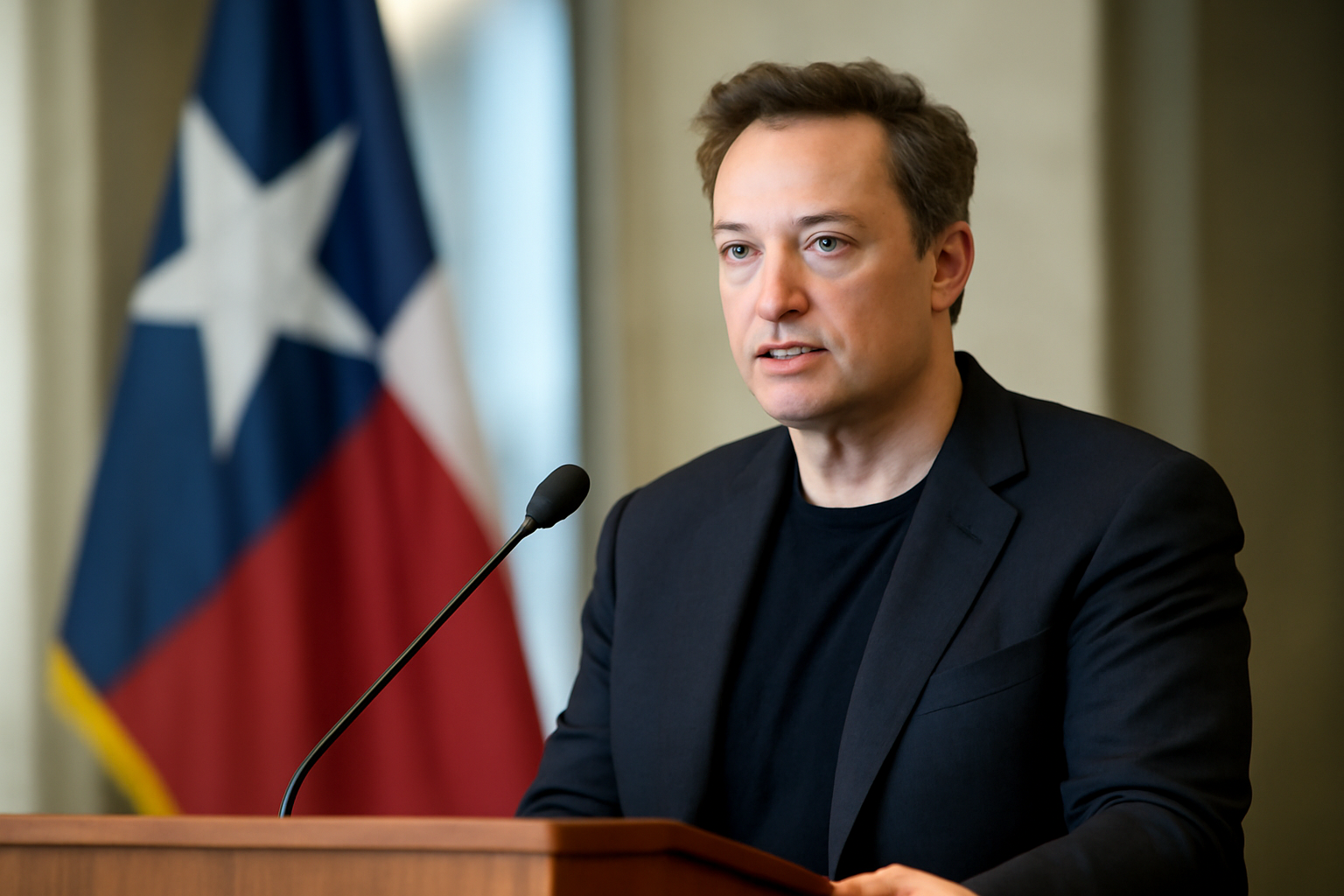 Elon Musk speaking at a public event with a Texas flag visible in the background
