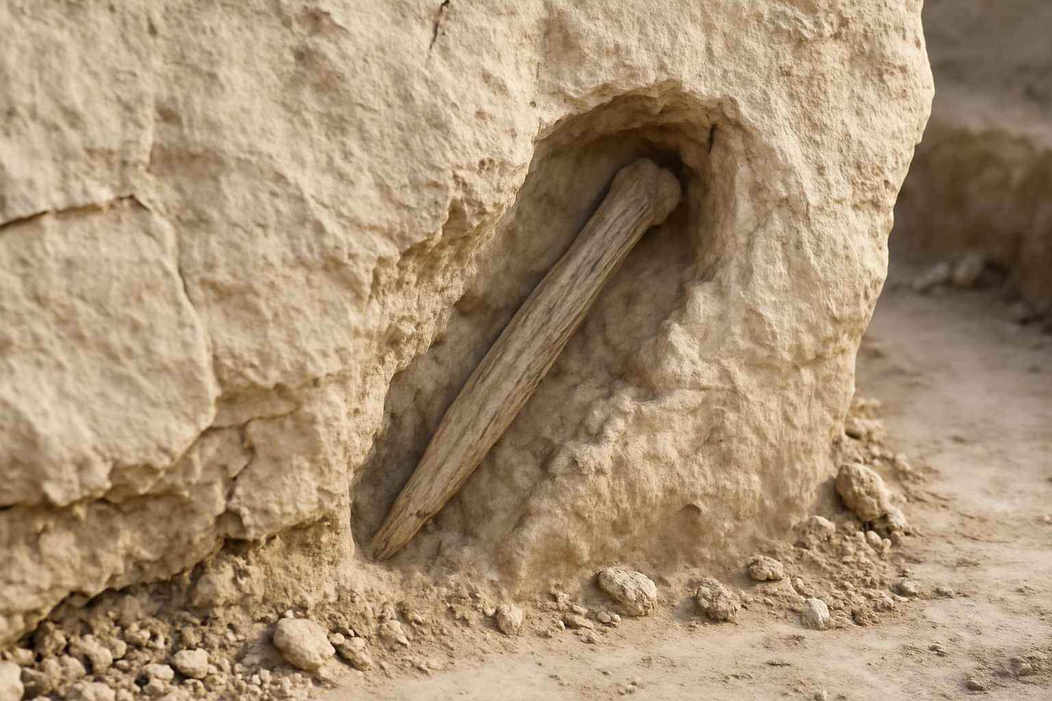Hollow mineral mold of a Neanderthal wooden tool embedded in limestone crust