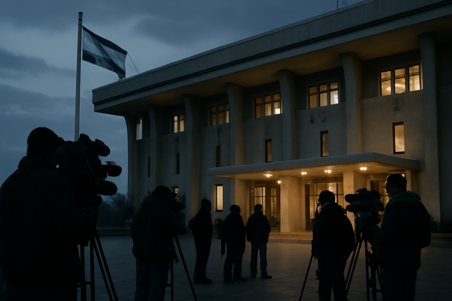 Israeli government building with a tense press gaggle outside under overcast sky