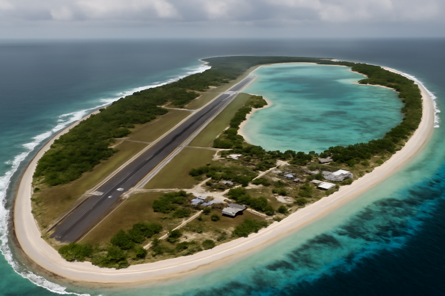 Aerial view of a remote Indian Ocean atoll with a runway and military installations along the shoreline
