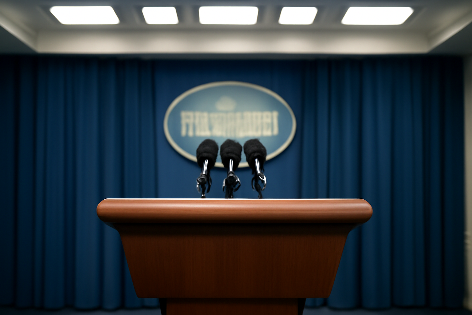Empty White House press briefing room podium with microphones under bright lights