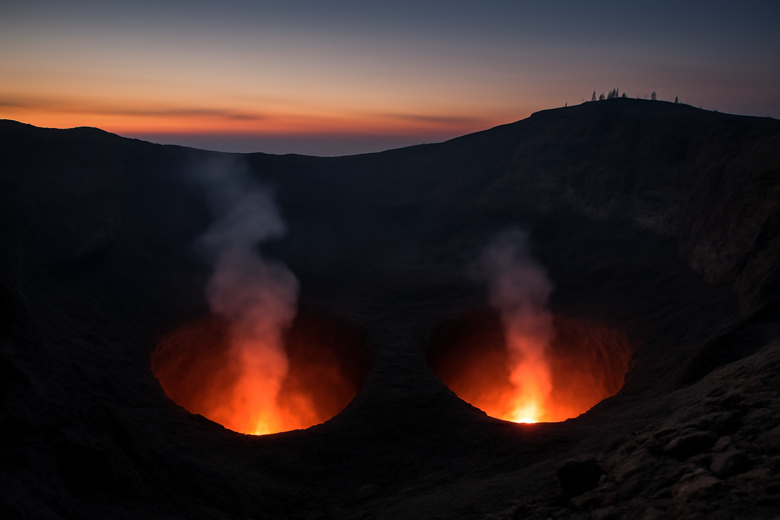 Glowing lava vents inside a volcanic summit crater at night with steam rising