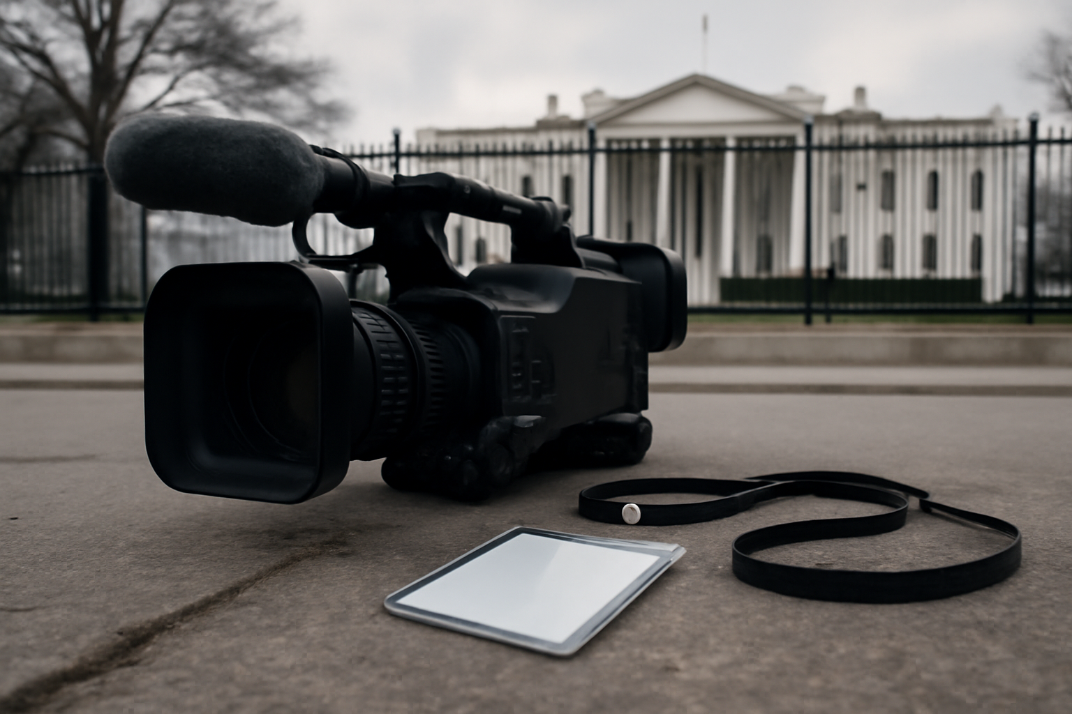 Television camera and press credentials sitting on the sidewalk outside the White House gate