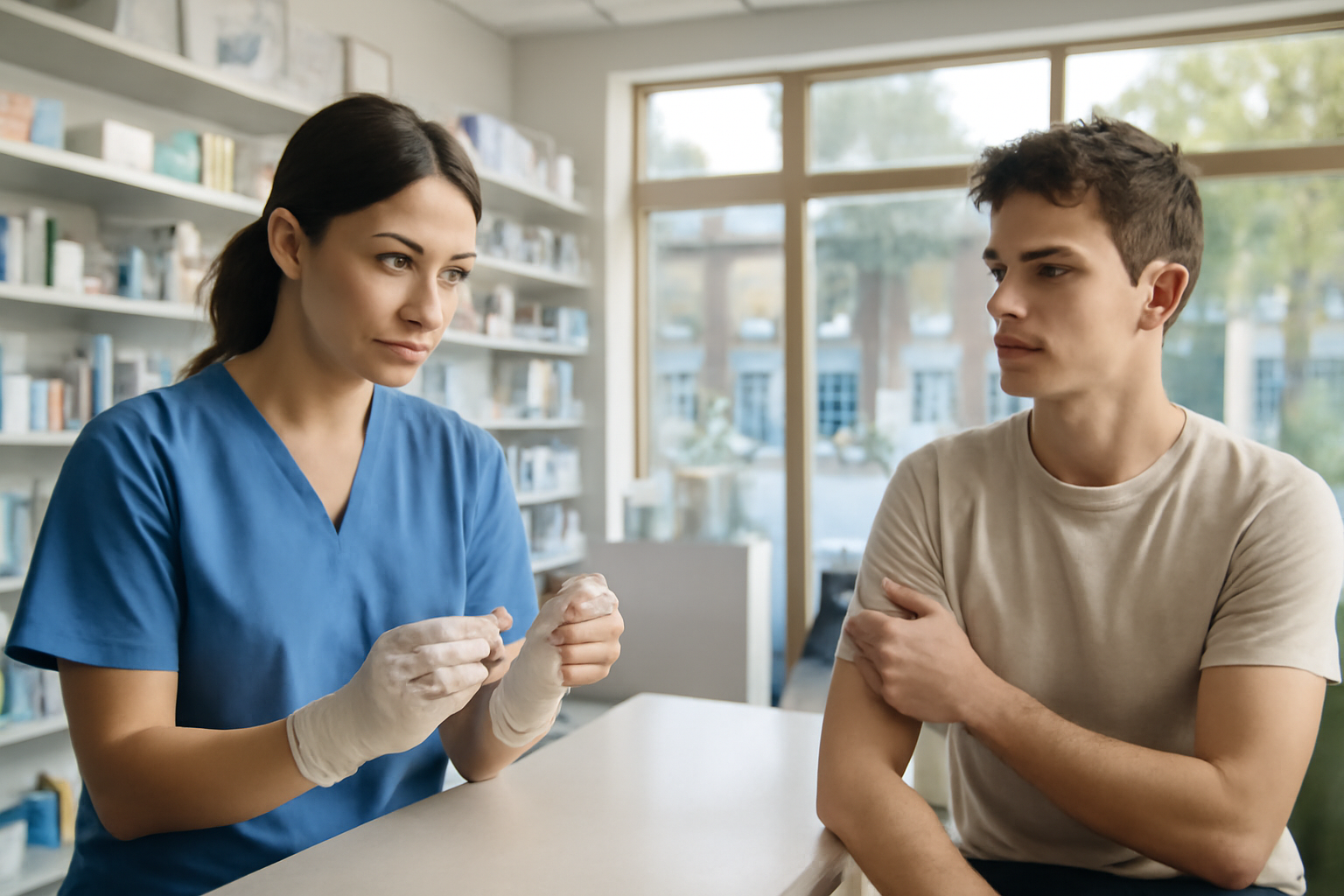A university pharmacy counter with a nurse preparing a meningitis vaccine dose for a young patient