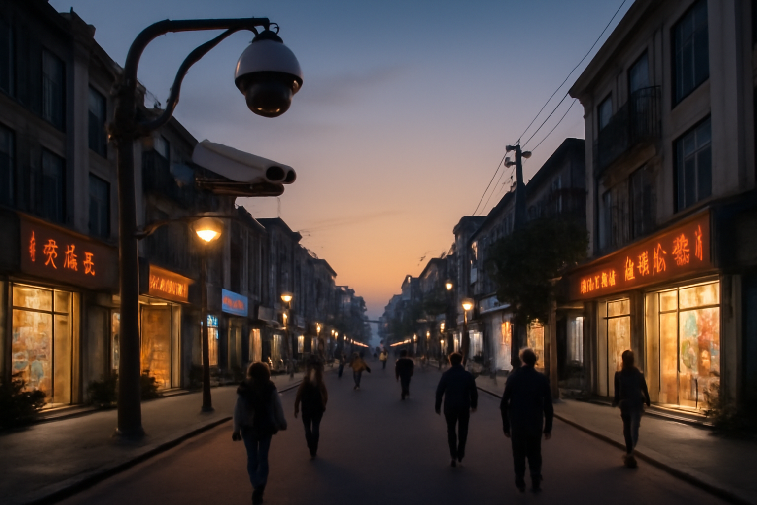 A wide, orderly city street in China at dusk with pedestrians, storefront lights, and a visible security camera on a pole