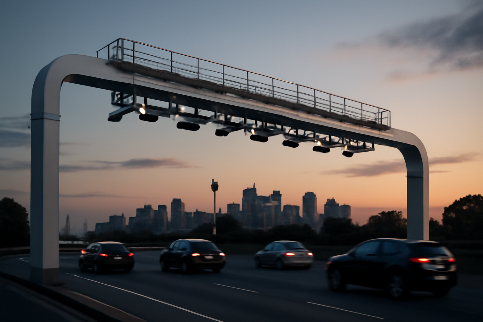 Multi-lane toll gantry spanning a highway with the Sydney skyline visible in the distance