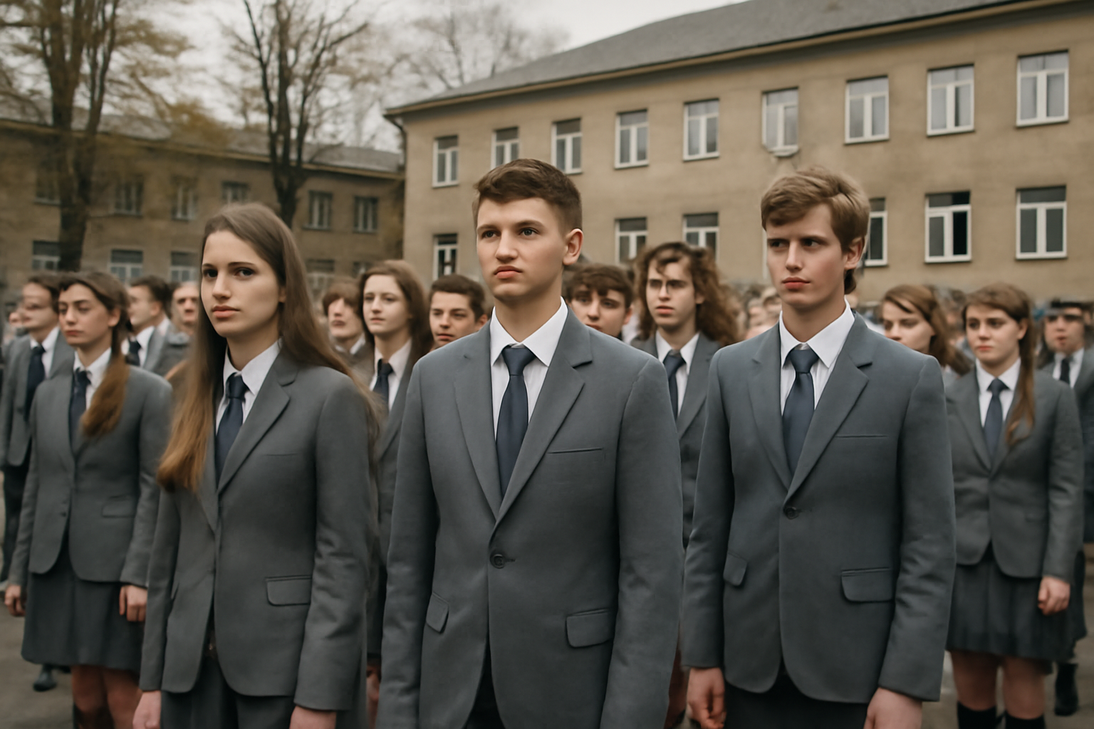 Teenage students in matching uniforms standing in formation on a boarding school courtyard in Ukraine