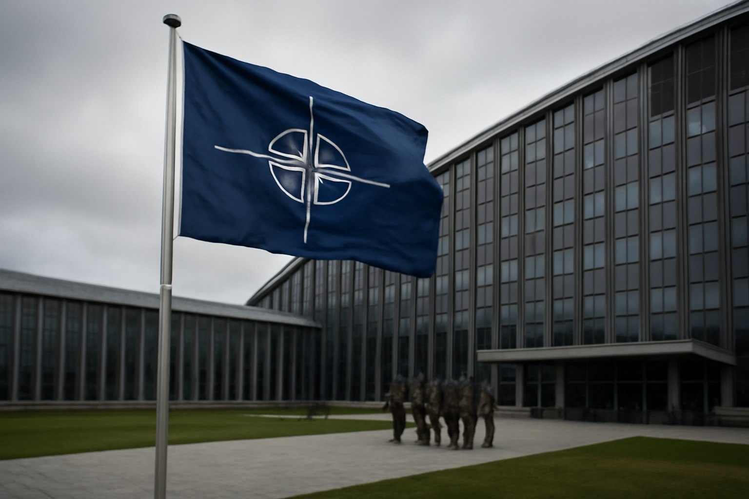 NATO flag flying outside a military headquarters building under a gray sky