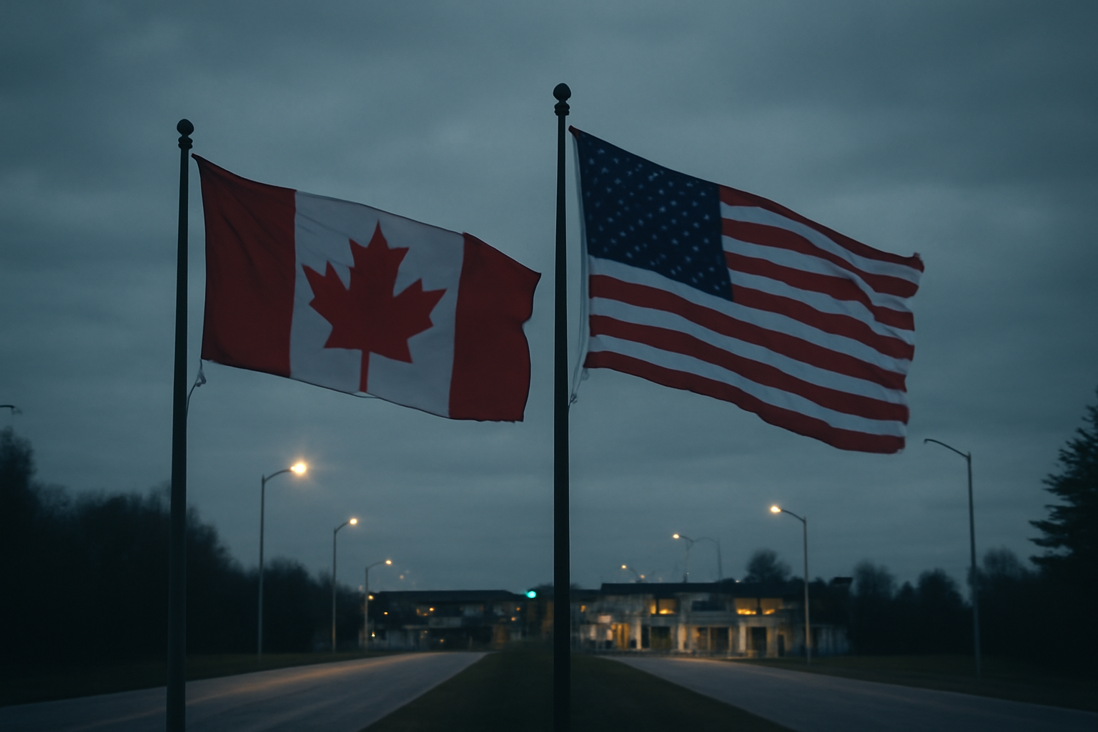 Canadian and American flags positioned side by side near a border checkpoint