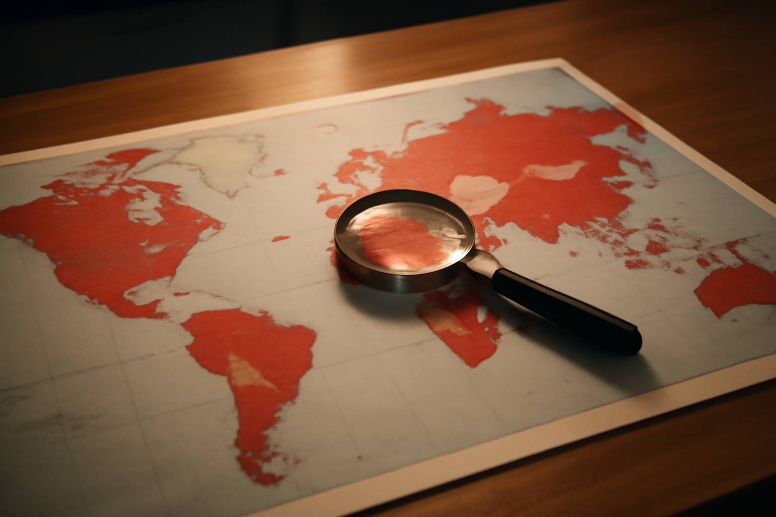 World map with overlapping red conflict zones and a question mark over a globe