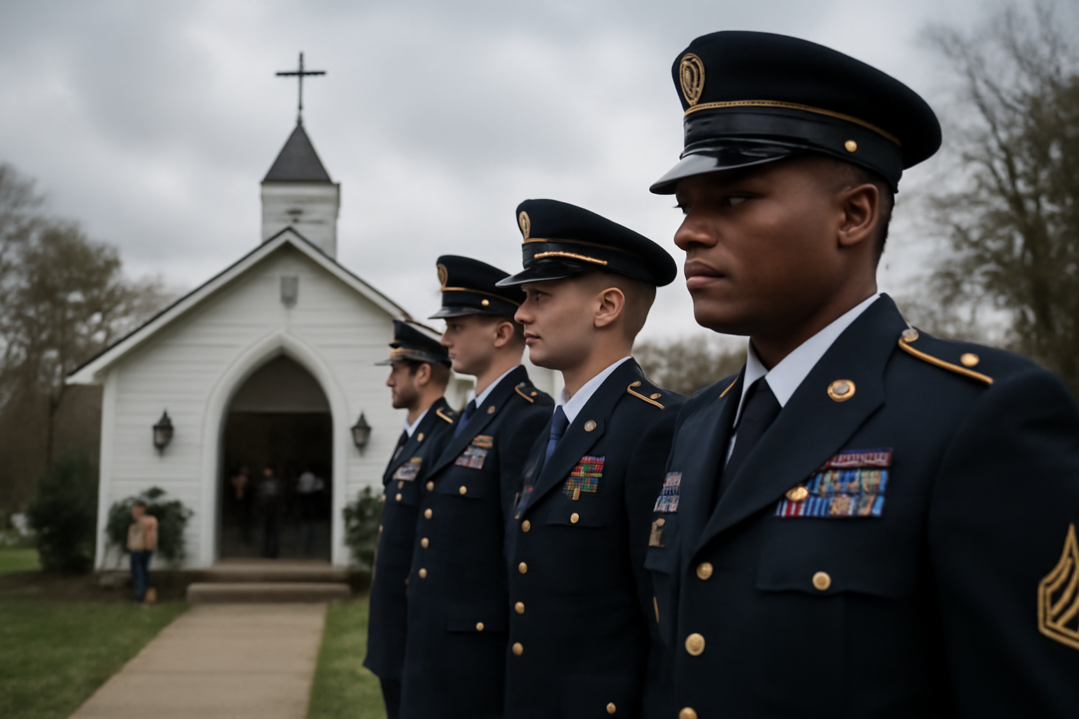 Soldiers standing in formation outside a military chapel during a memorial service at a U.S. Army base