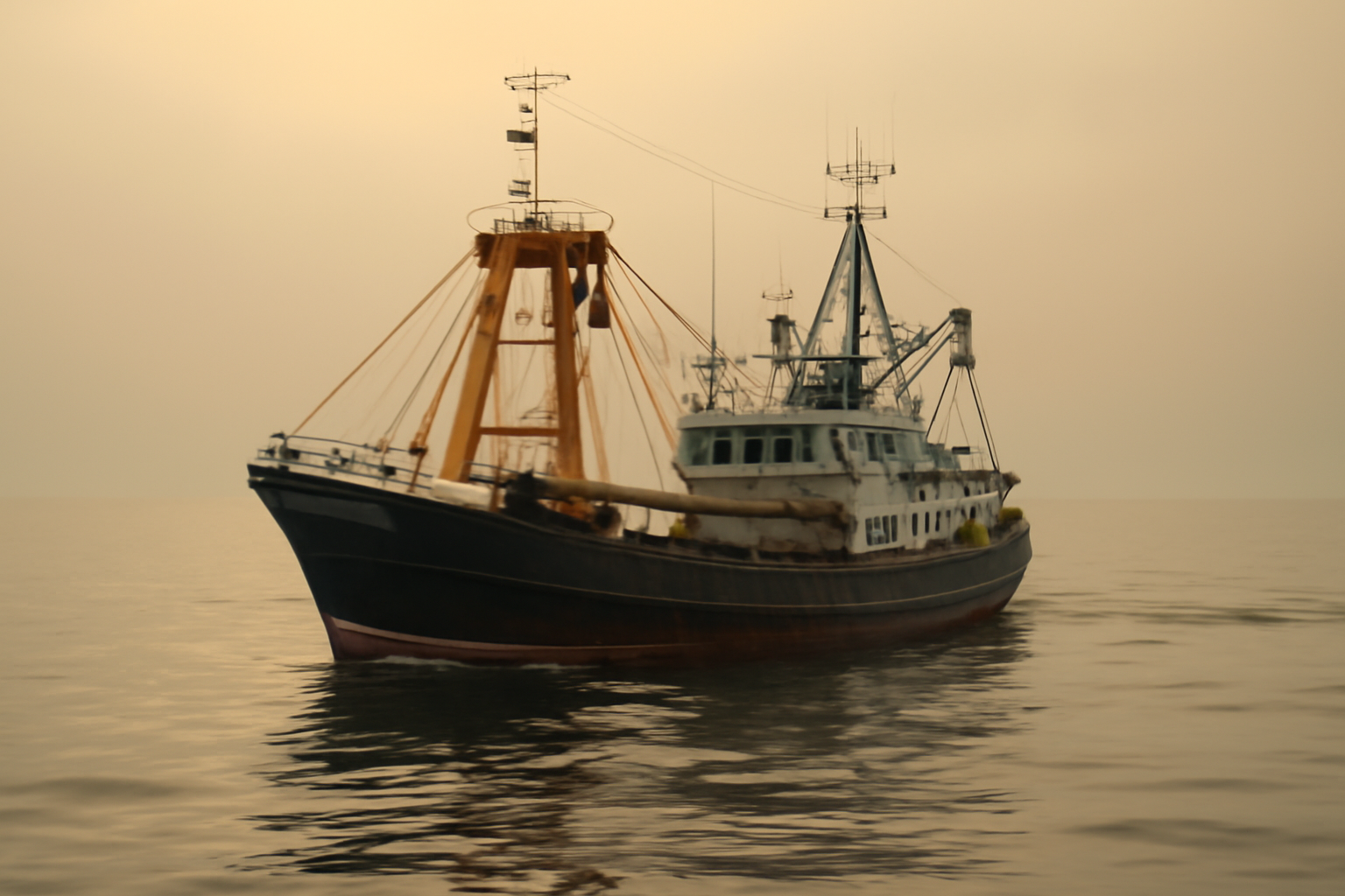 Fishing trawler on open water under a hazy sky over a warm-looking sea