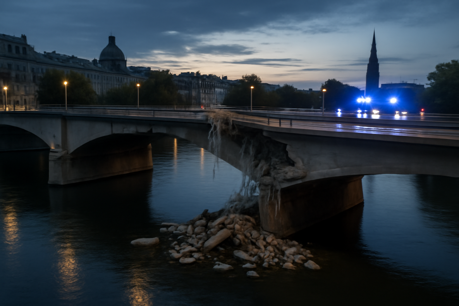 A damaged bridge span over a river in Kyiv with debris visible near the roadway