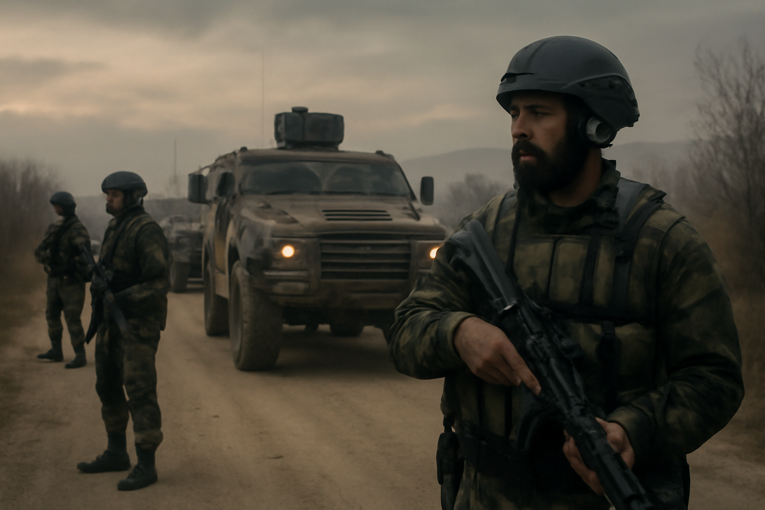 Syrian security forces personnel standing near armored vehicles on a rural road outside Damascus