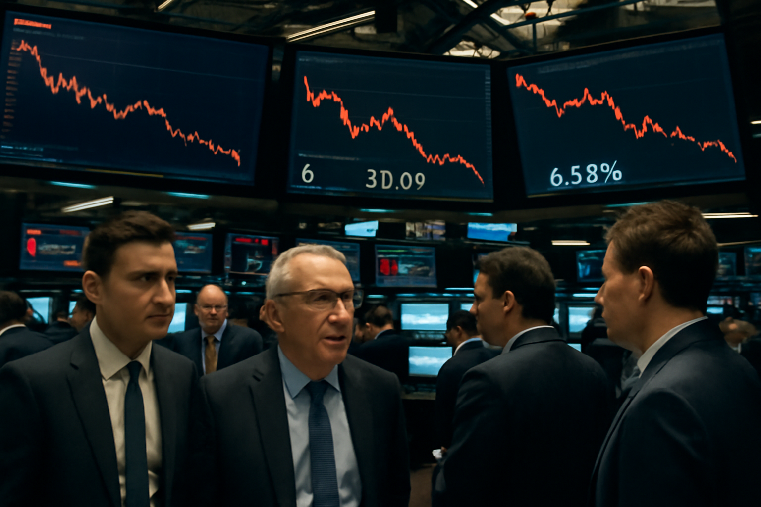 Stock ticker board showing red numbers beside an oil price chart and bond yield graph