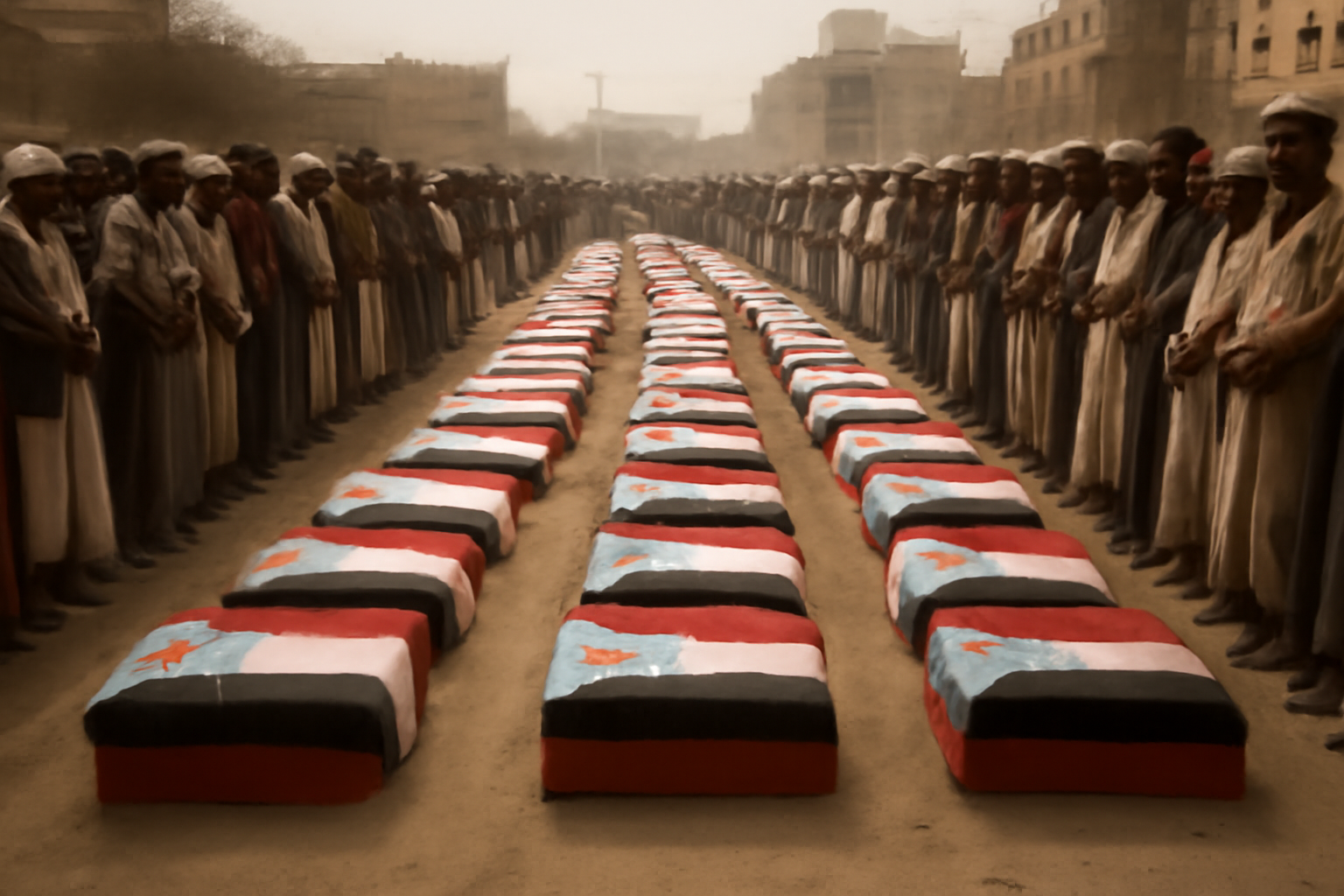 Mourners gather at a funeral procession in southern Yemen for recruits killed in a missile strike