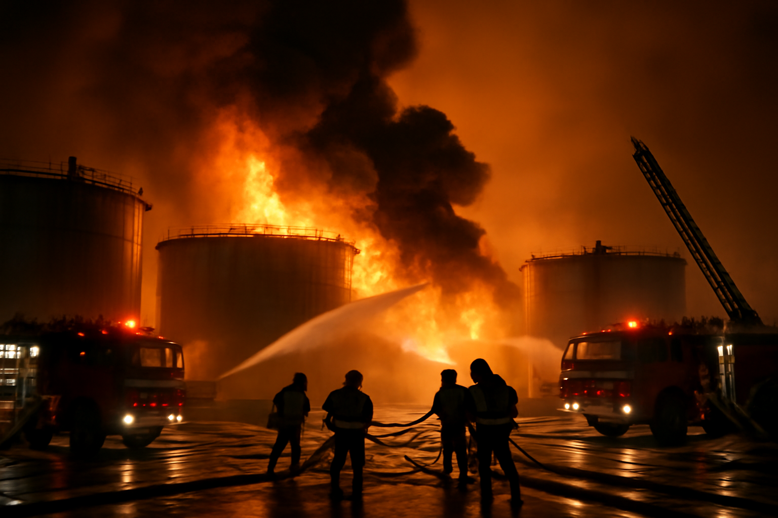 Firefighters battle flames at a riverside oil terminal under a smoke-filled night sky