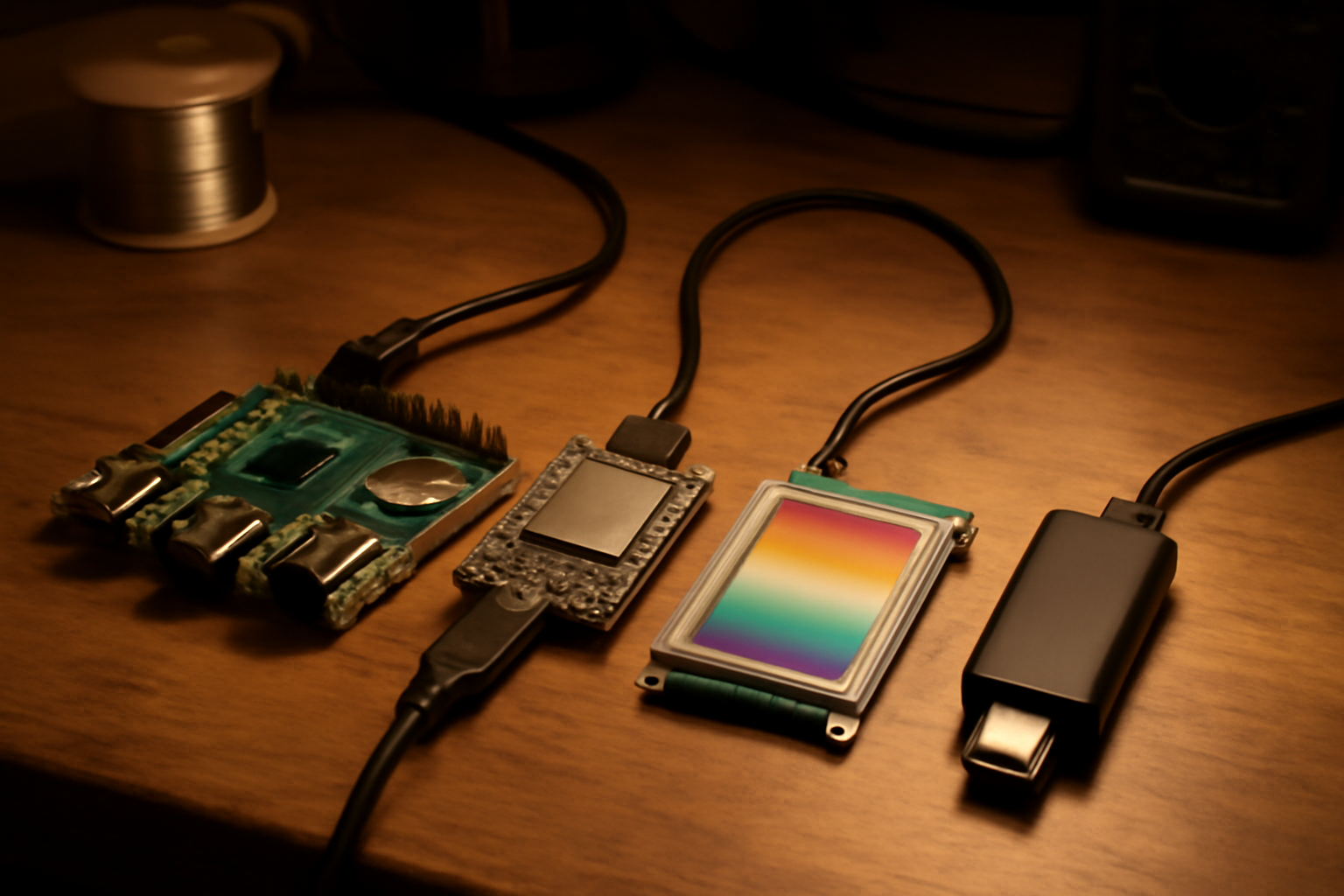 A Raspberry Pi board wired to a small e-ink display and an HDMI stick on a workbench