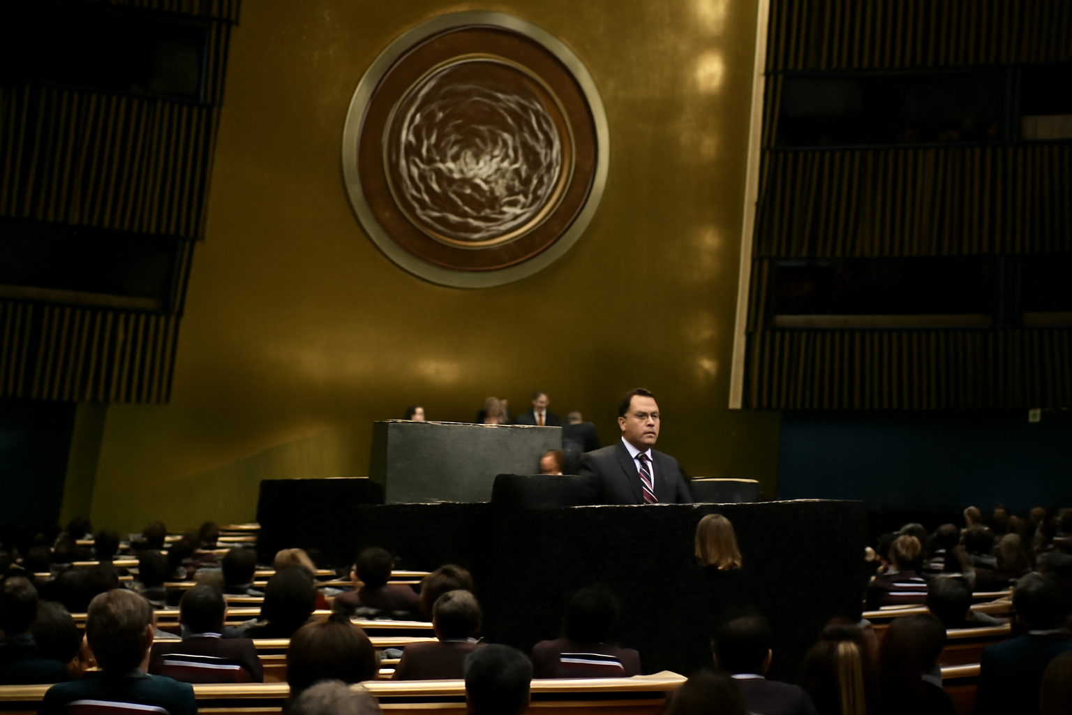 Israeli Prime Minister Benjamin Netanyahu speaking at a podium before the United Nations General Assembly chamber