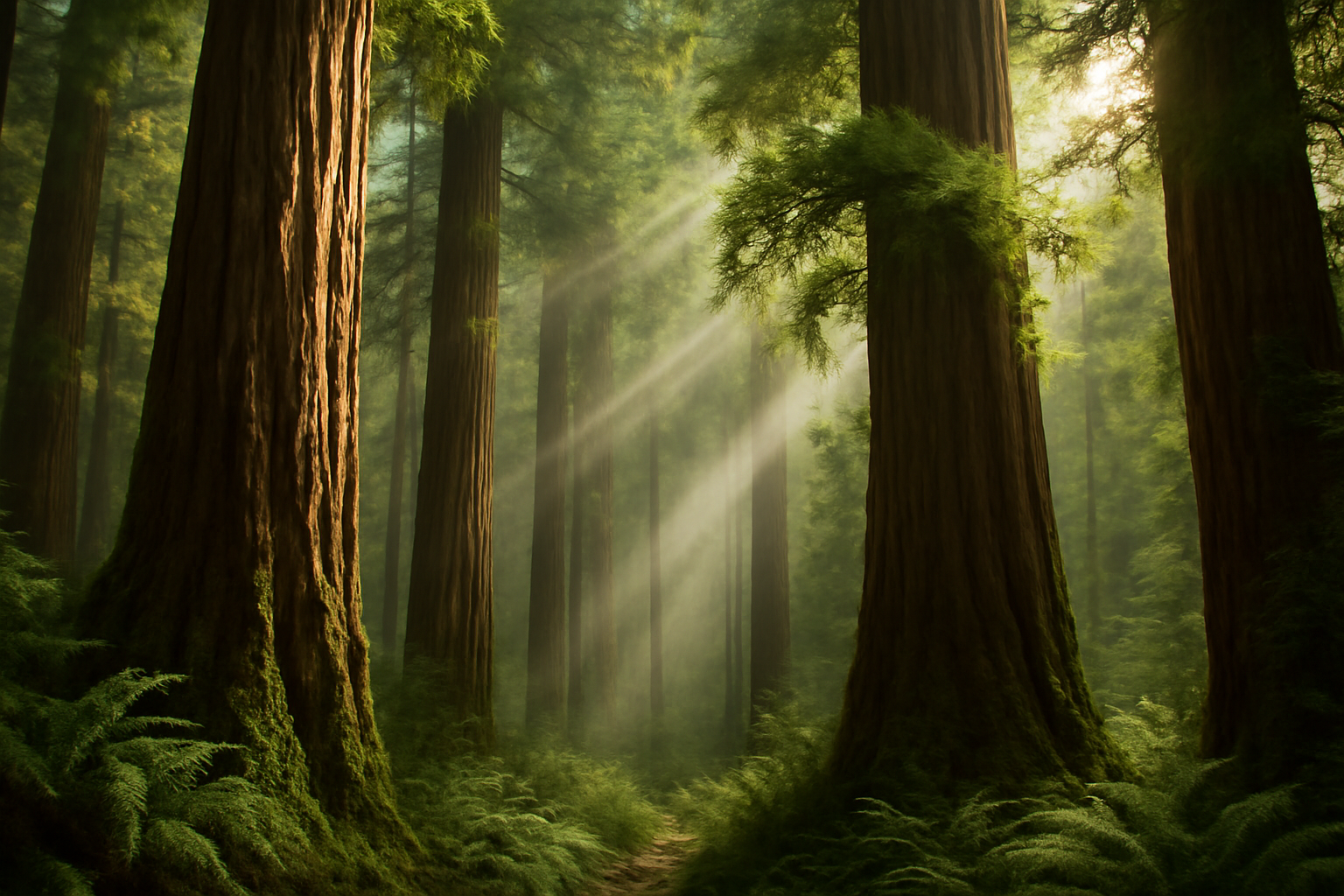Sunlight filtering through a tall coast redwood canopy with ferns growing on upper branches
