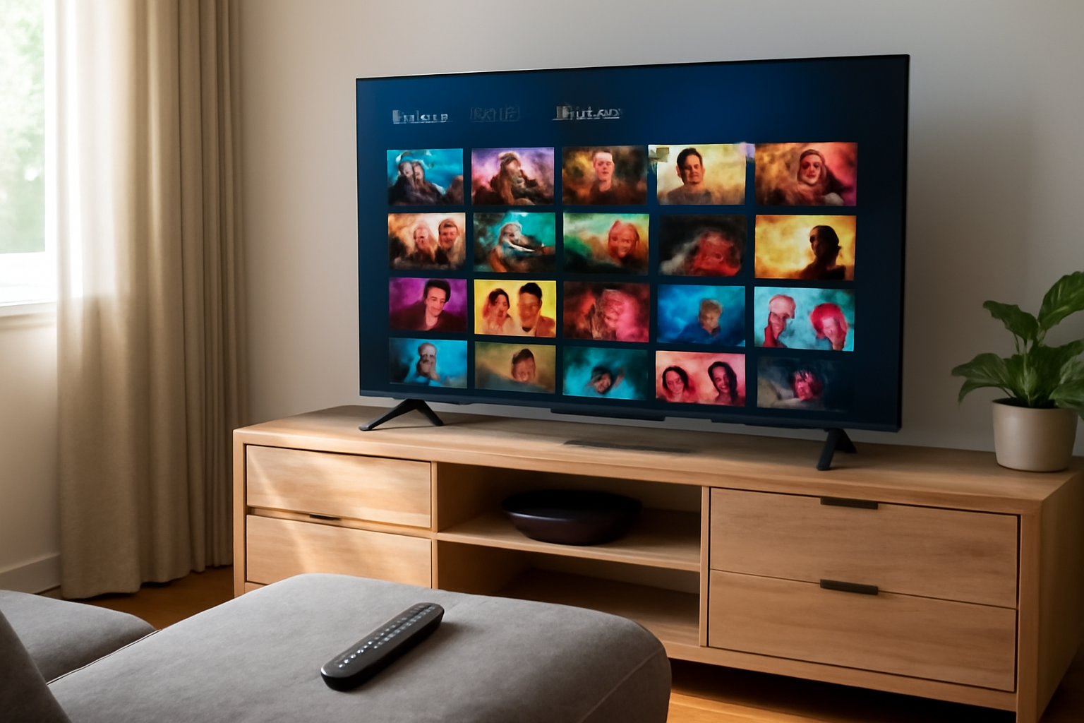 A television remote control resting on a couch beside a streaming device and a cable box