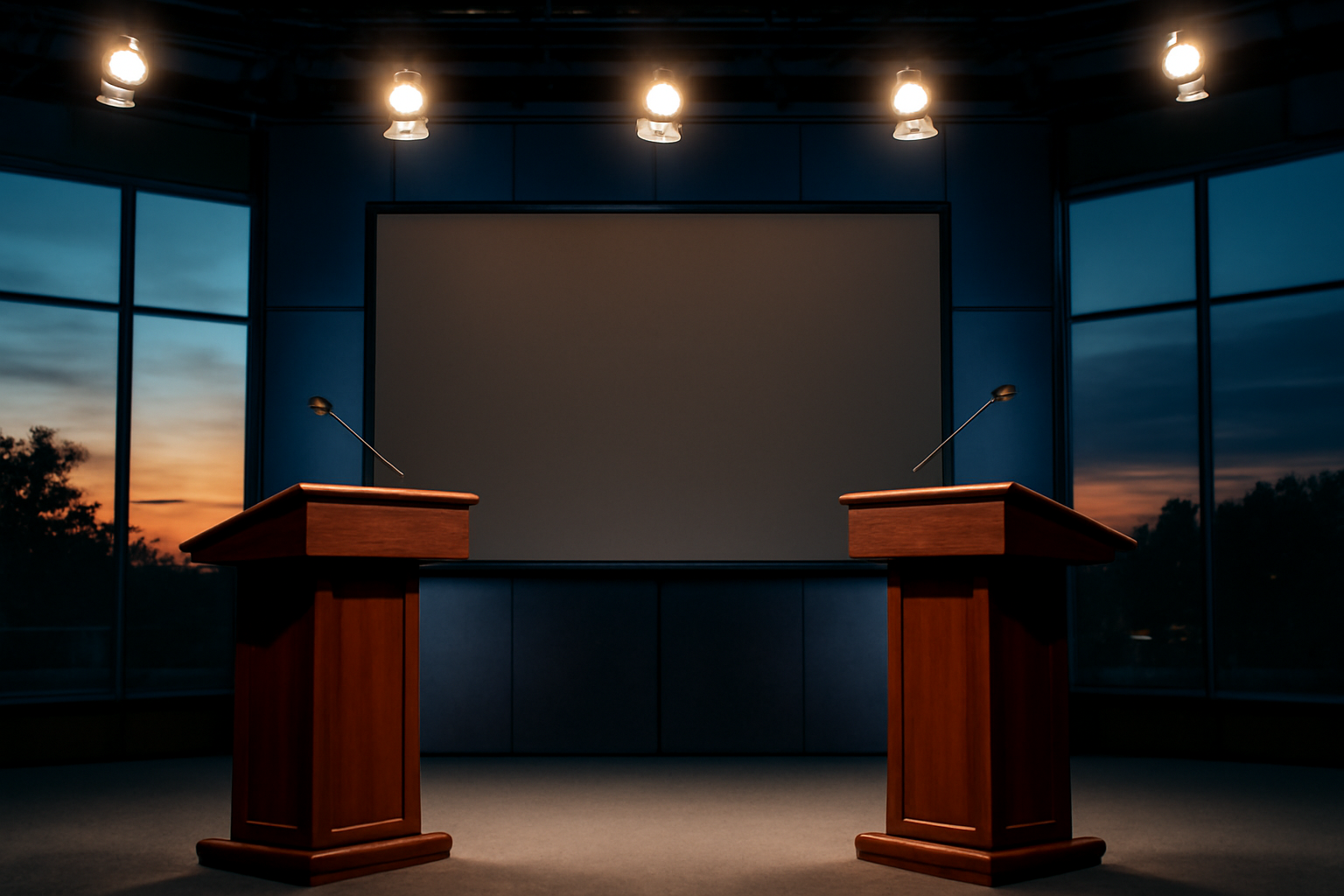 Empty debate stage with two podiums and a projected question mark, lit for a televised discussion