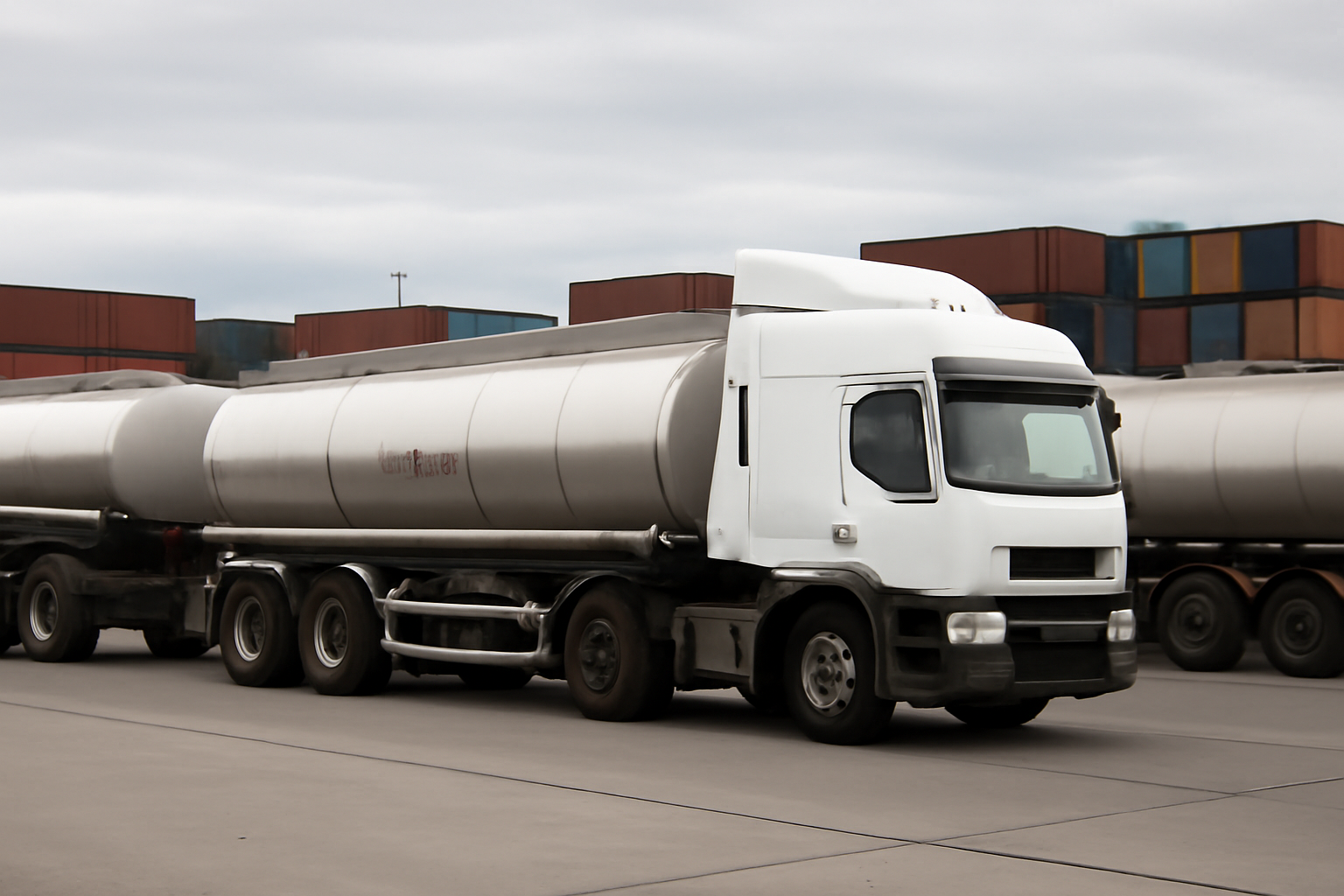 Diesel fuel tanker trucks lined up at a shipping and logistics terminal
