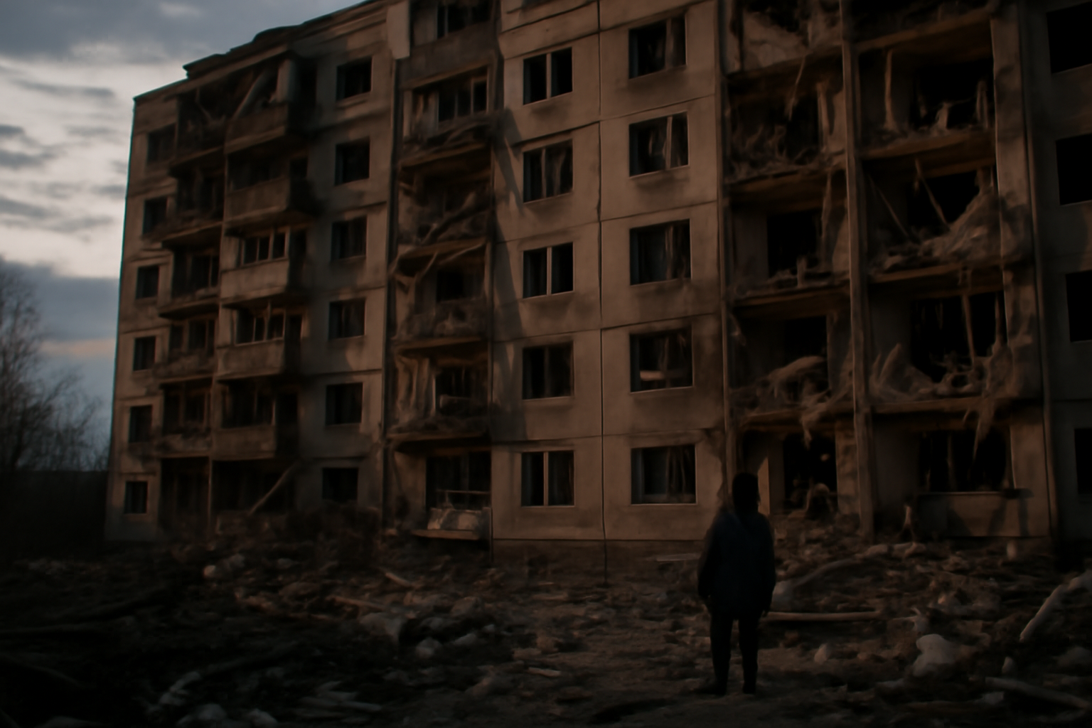 Damaged apartment building in Kyiv after a nighttime missile strike, debris and broken windows visible