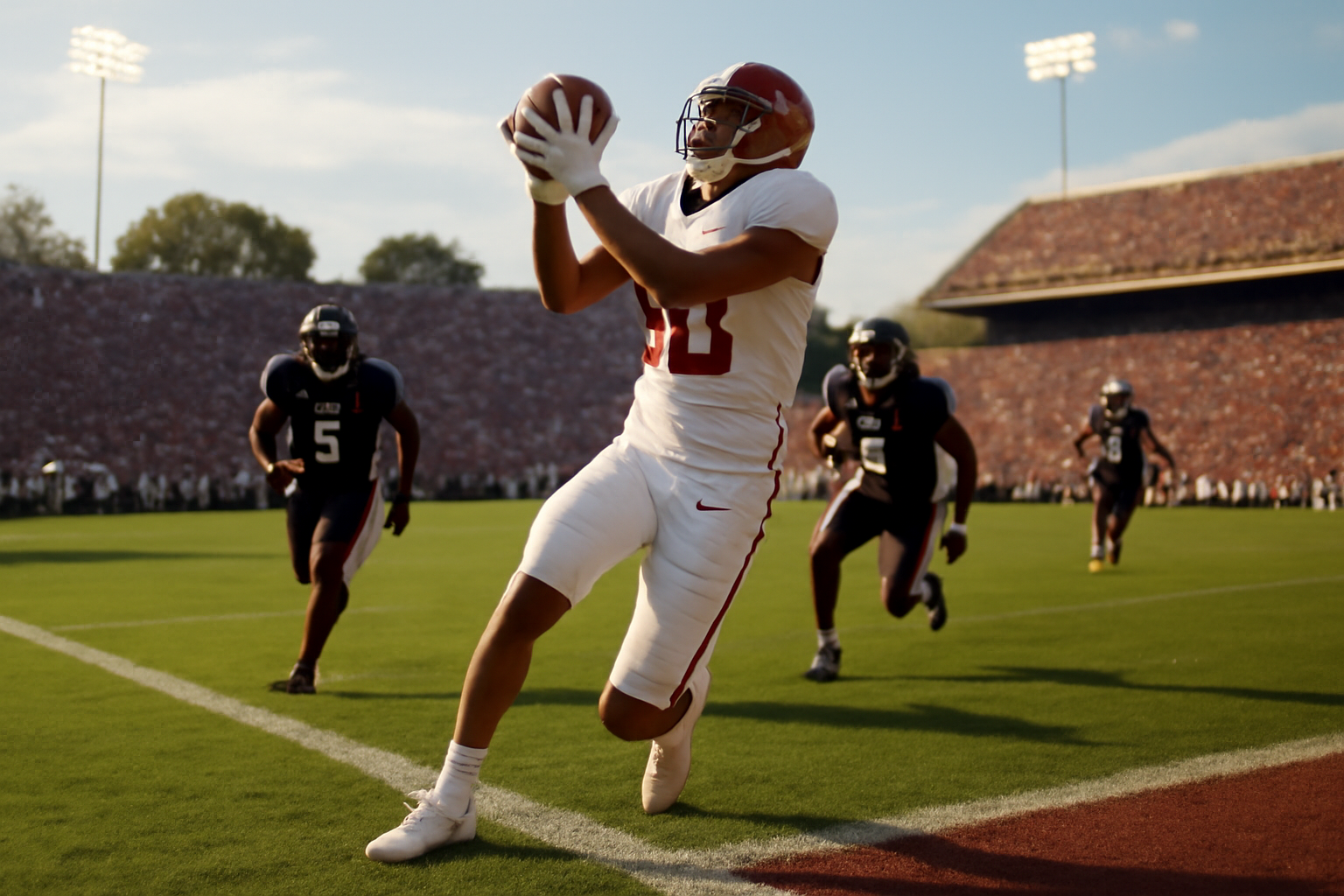 Football wide receiver catching a deep pass in the end zone during a college football game