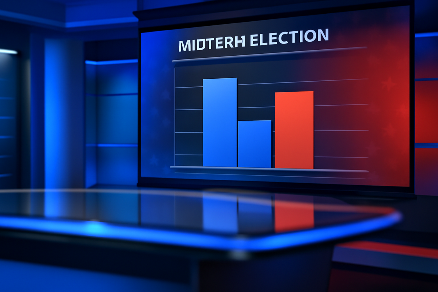 Television studio graphic displaying midterm election polling numbers on a screen