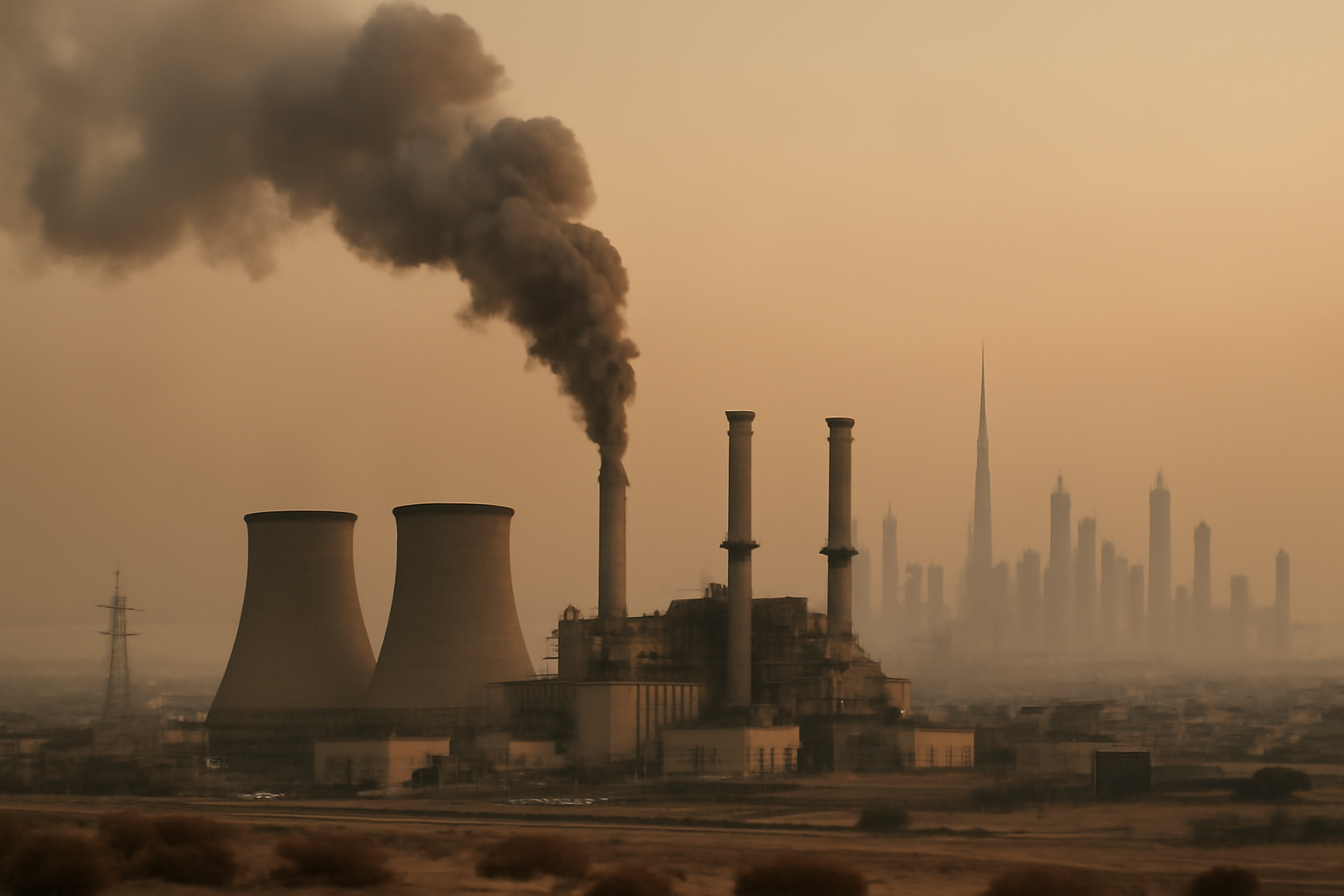 Smoke rising near an industrial facility skyline in Riyadh, Saudi Arabia