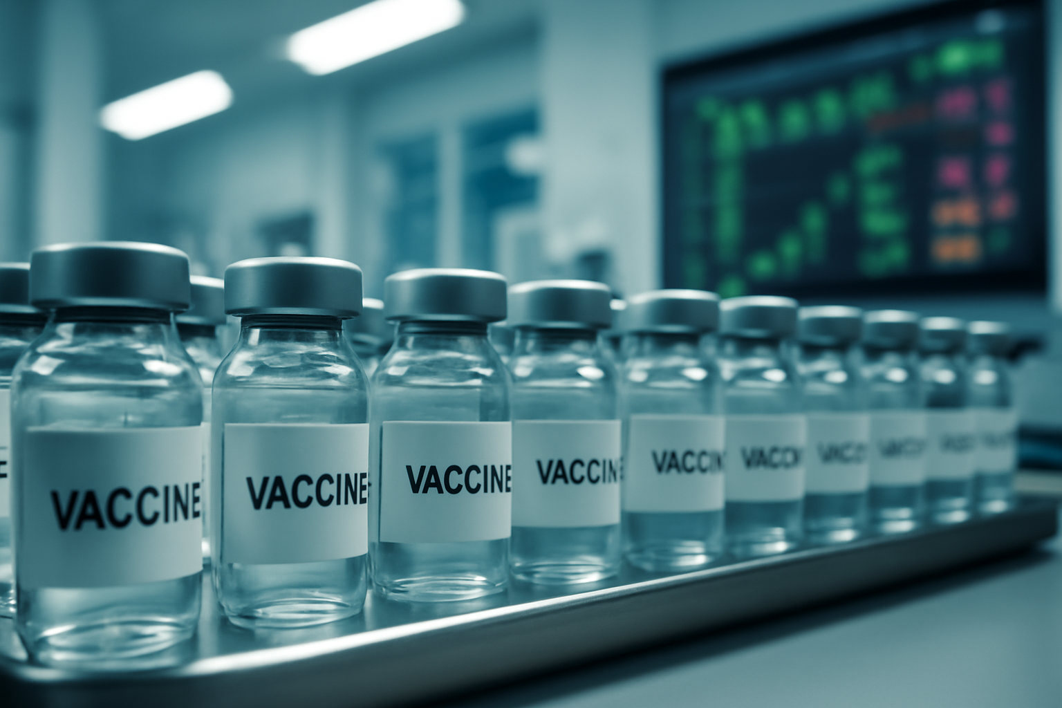 Rows of vaccine vials in a clinical trial laboratory with a blurred stock price display in the background