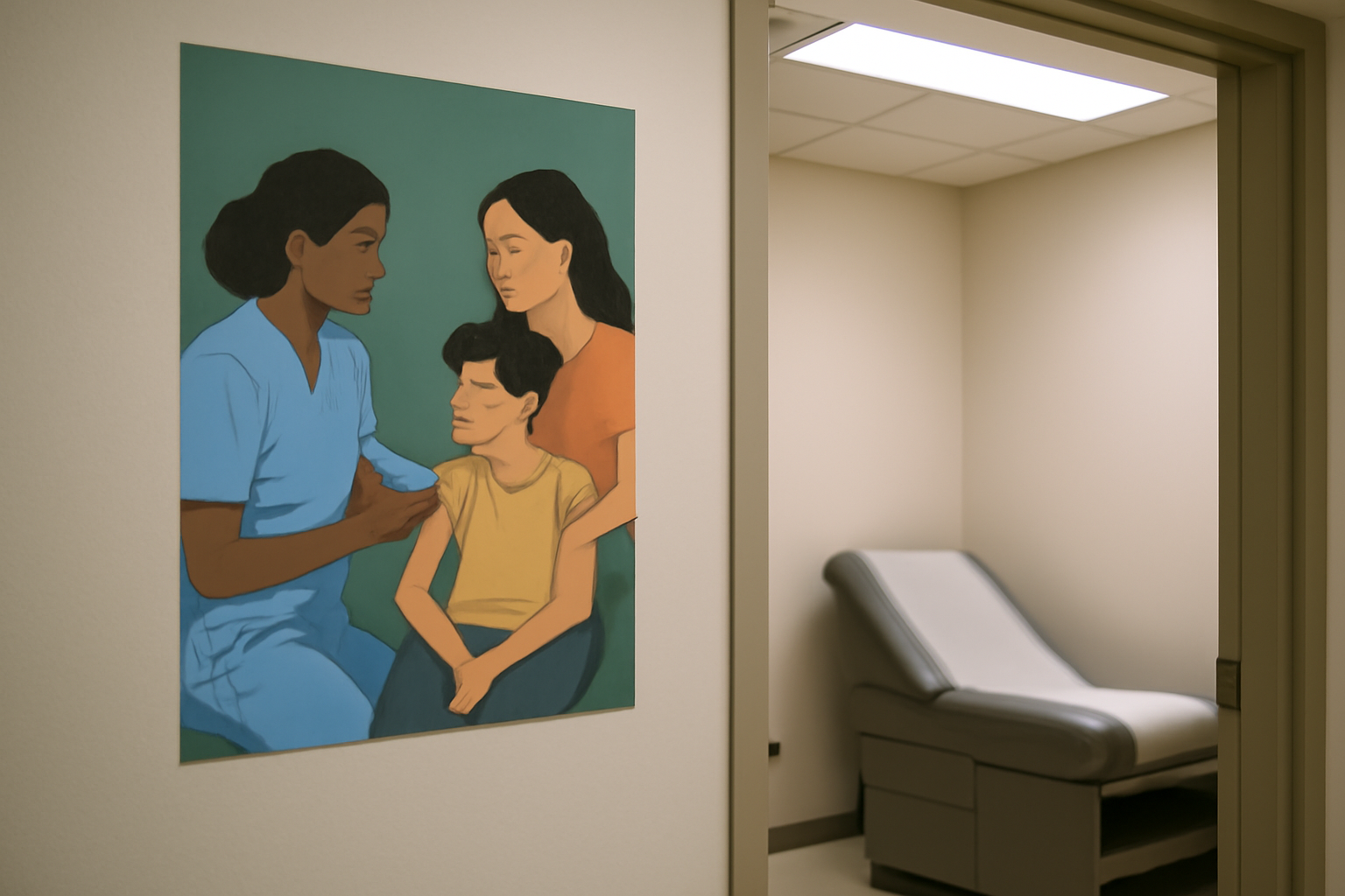 Measles immunization poster displayed outside a clinic examination room
