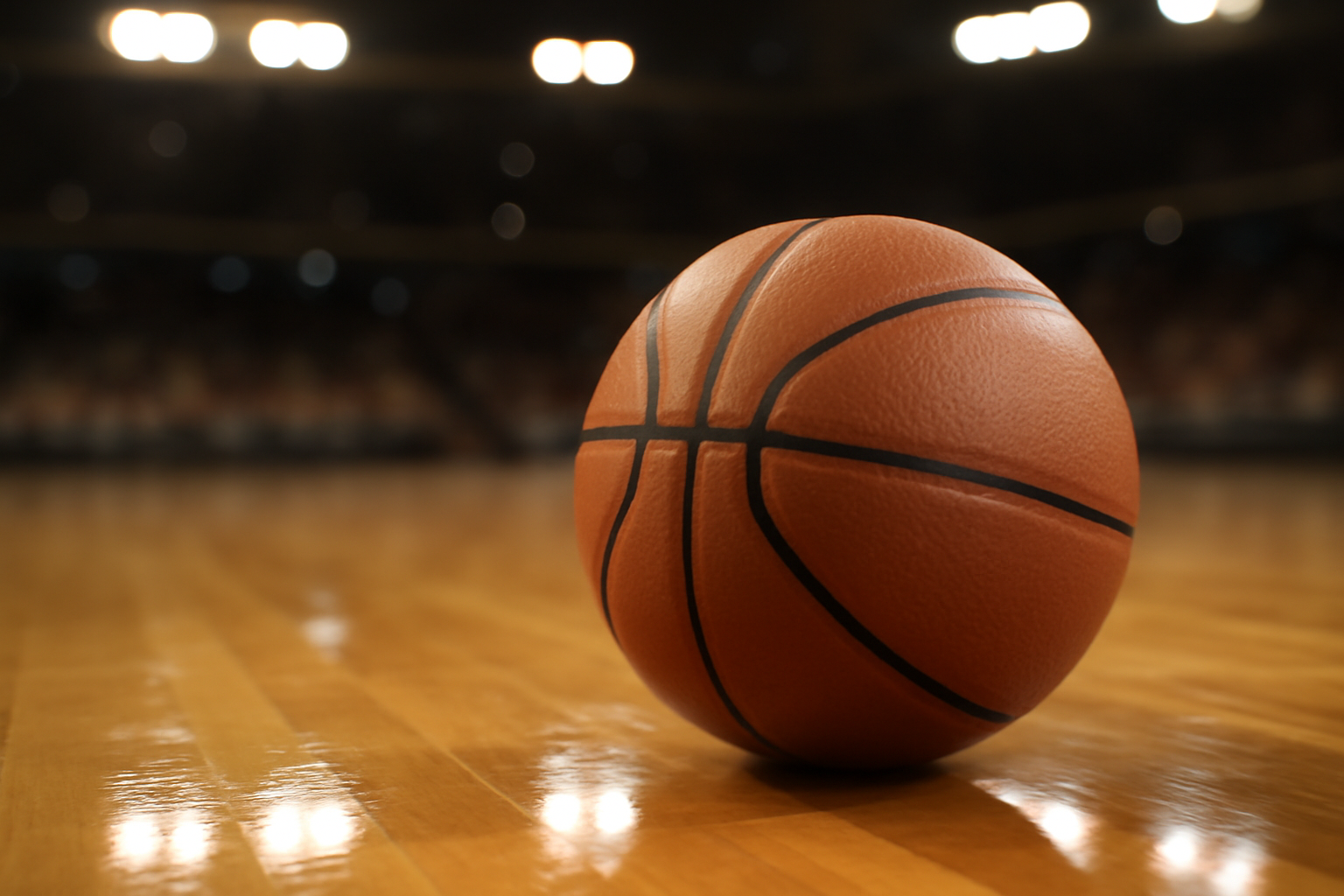 Basketball trophy displayed on a hardwood court under arena lighting
