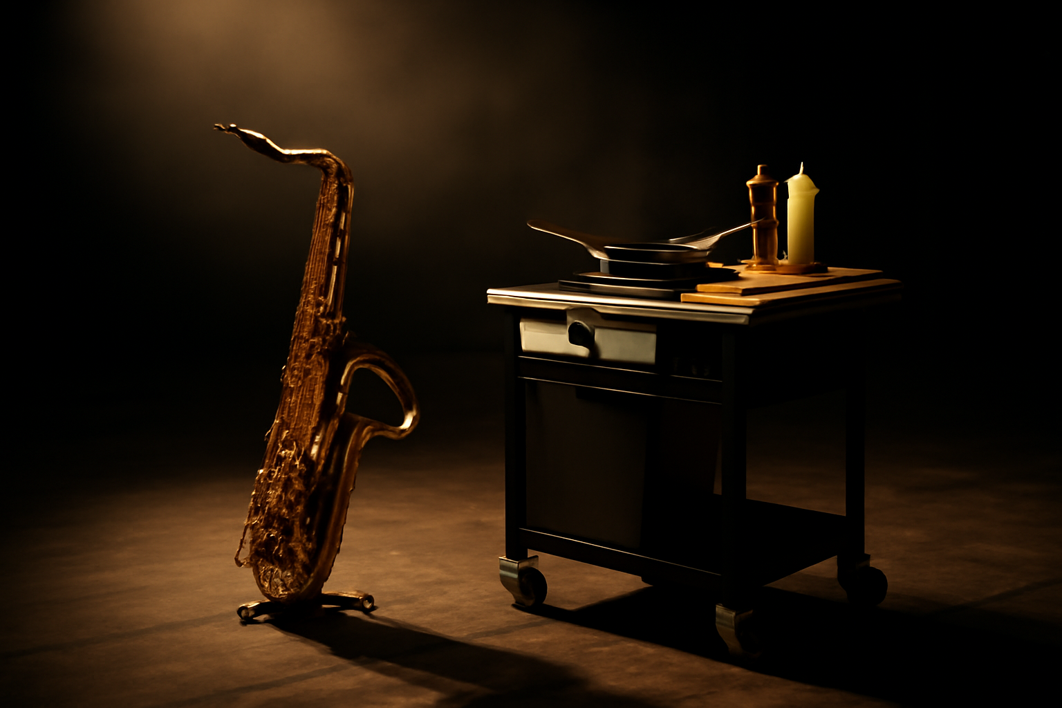 A saxophone resting on a stage next to a chef's kitchen station under stage lighting