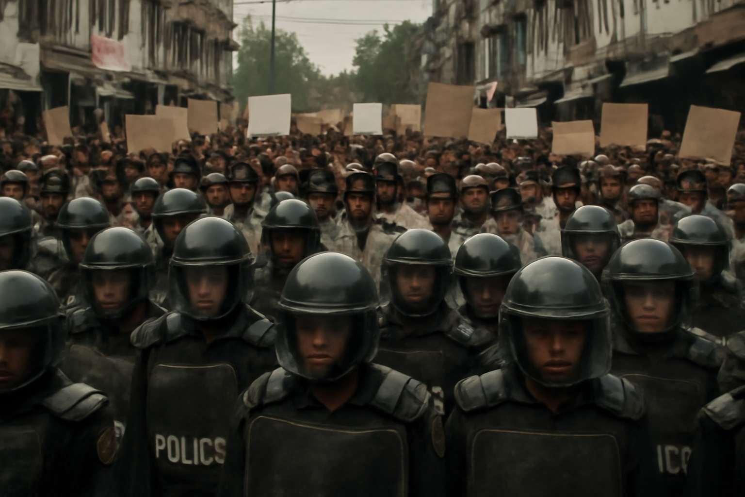 Police officers stand in a line facing a crowd of protesters holding signs near a government building in India